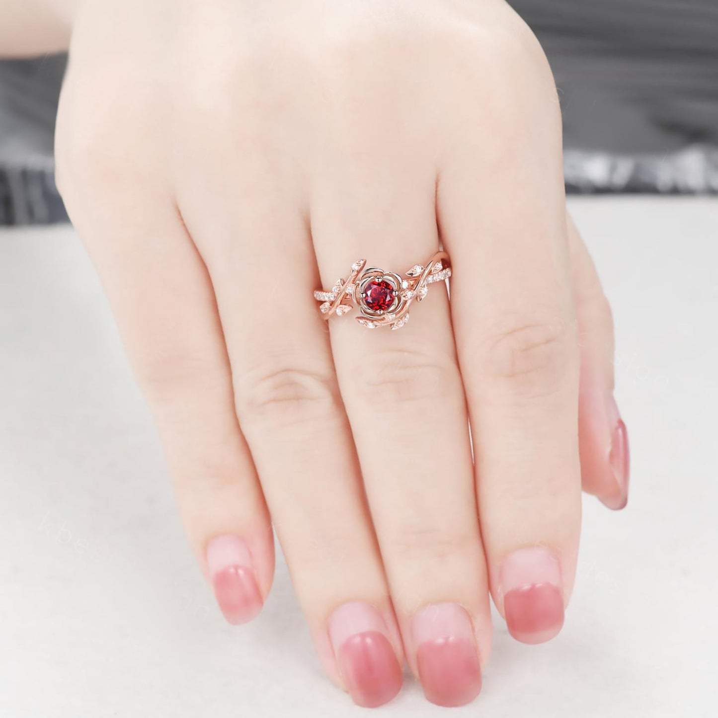 Rose Flower Red Ruby Engagement Rings 14K Rose Gold Twig Leaf Bypass Wedding Ring