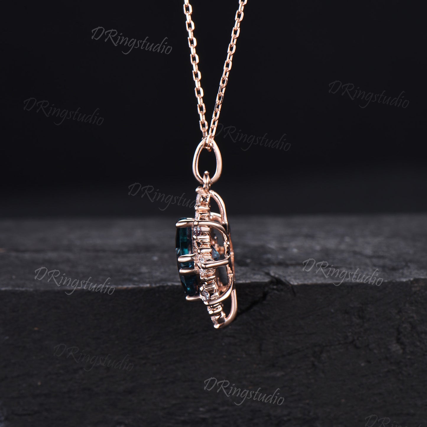 Unique Princess Cut Alexandrite Necklace Rose Gold Celestial Moon Charm Necklace Halo Moissanite Diamond Pendant Anniversary Gift for Women