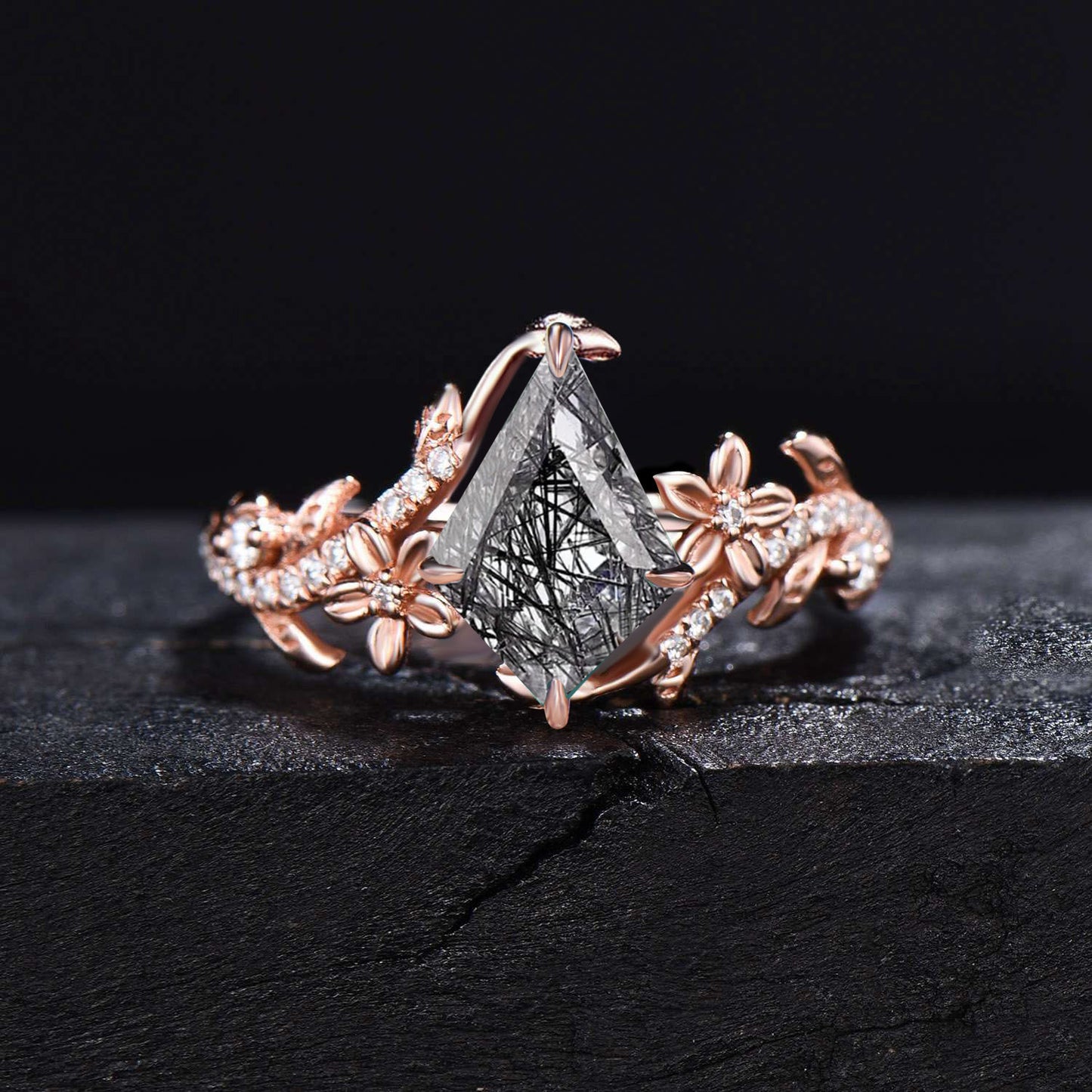 Natural Black Rutilated Quartz Ring Set Floral Kite Engagement Ring Nature Inspired Leaf Black Spinel Moissanite Bridal Set Anniversary Gift
