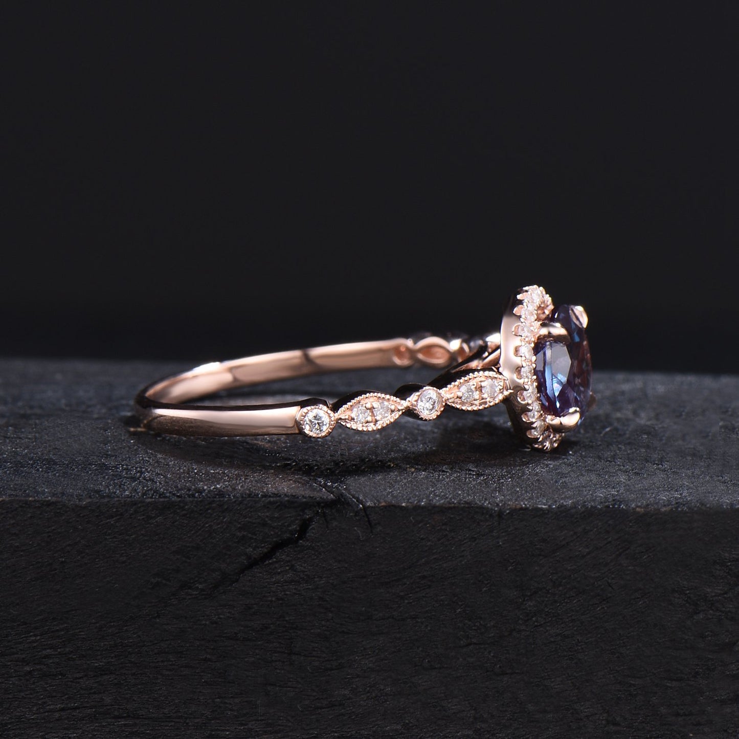 Round Alexandrite Engagement Ring Vintage Halo Wedding Ring 14K Rose Gold Half Eternity Moissanite Band Unique June Birthstone Birthday Gift