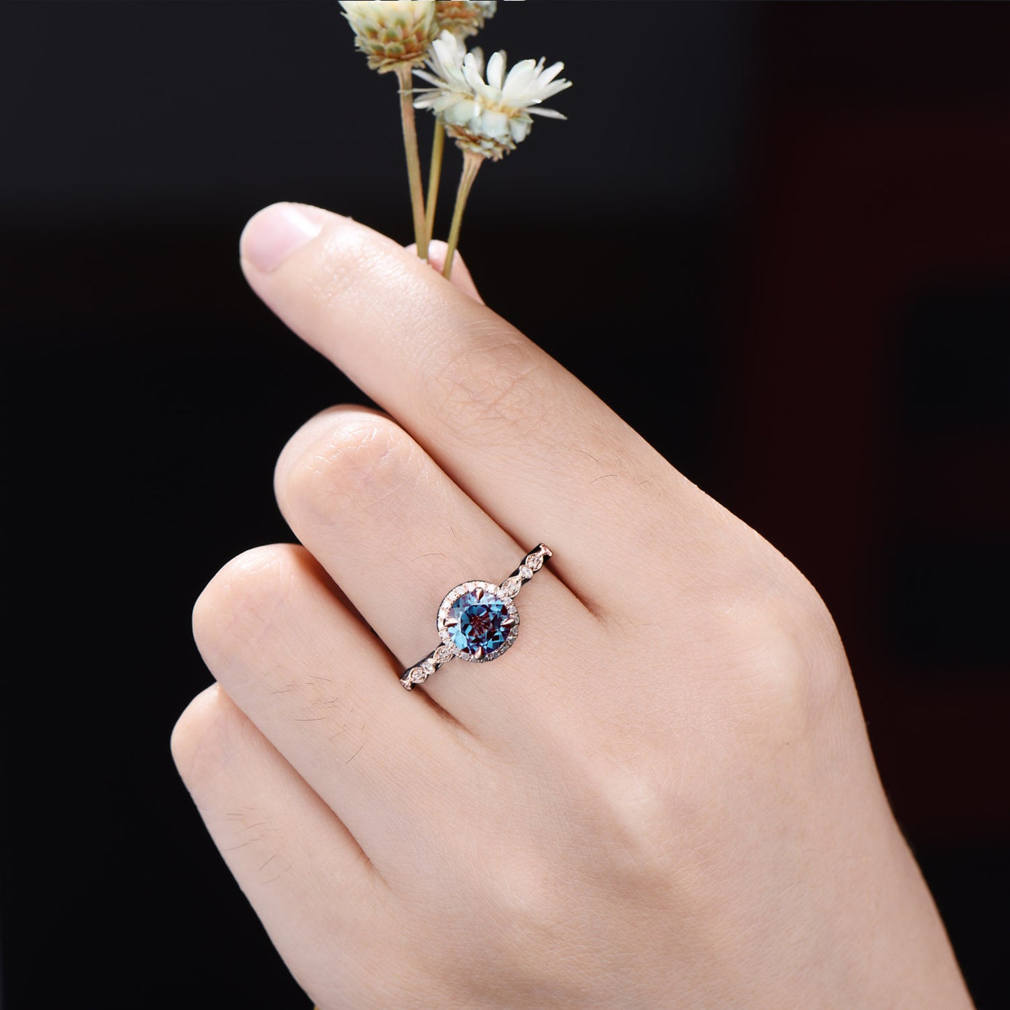 Round Alexandrite Engagement Ring Vintage Halo Wedding Ring 14K Rose Gold Half Eternity Moissanite Band Unique June Birthstone Birthday Gift