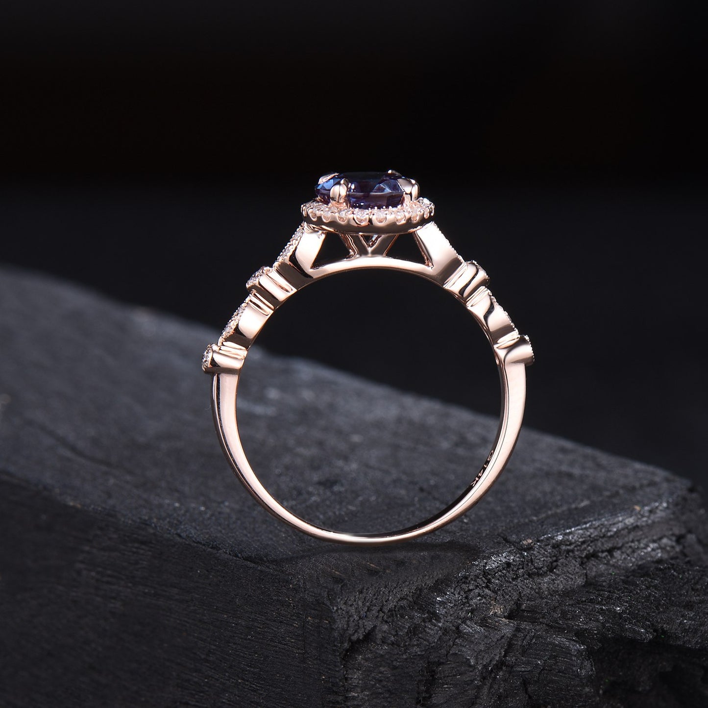 Round Alexandrite Engagement Ring Vintage Halo Wedding Ring 14K Rose Gold Half Eternity Moissanite Band Unique June Birthstone Birthday Gift