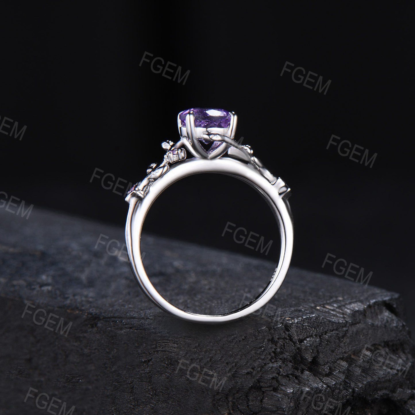 Unique Round Natural Amethyst Engagement Ring 14k White Gold Leaf Branch Purple Crystal Ring Moon Star Ring February Birthstone Wedding Gift