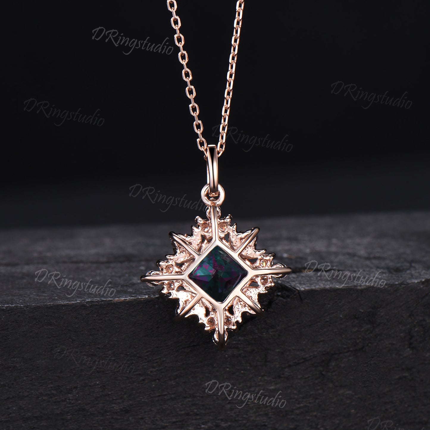 Unique Princess Cut Alexandrite Necklace Rose Gold Celestial Moon Charm Necklace Halo Moissanite Diamond Pendant Anniversary Gift for Women
