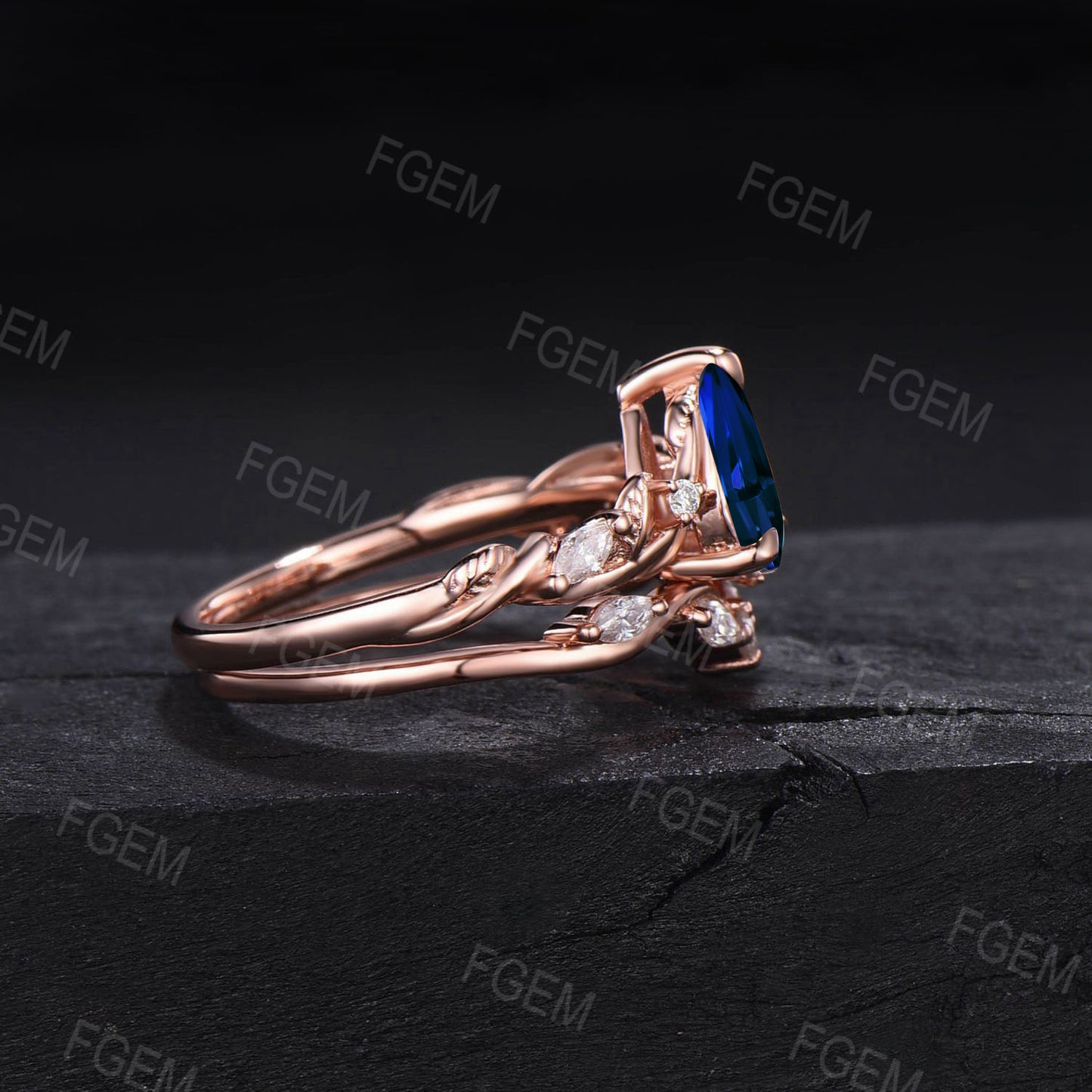 1.25ct Nature Inspired Blue Sapphire Diamond Engagement Ring Set Twist Band Moissanite Wedding Ring Leaf Vine Branch Blue Sapphire Bridal Set