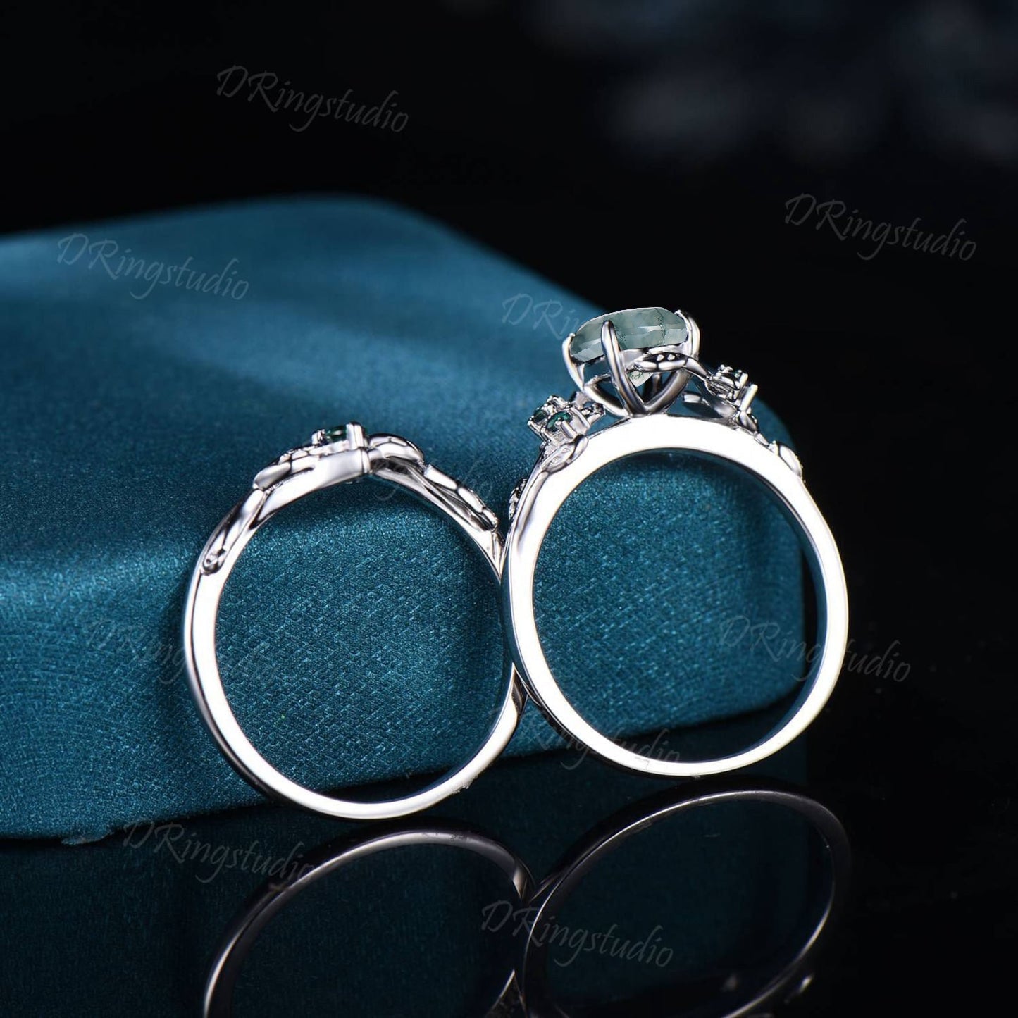 1.5mm Oval Cut Natural Green Moss Agate Emerald Engagement Ring Set 14K Black Gold Leaf Branch Wedding Ring