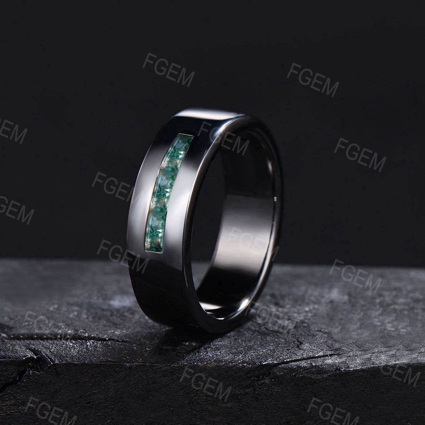 Mens Baguette Natural Moss Agate Wedding Ring Channel Set Band 6mm Black Gold Green Moss Matching Band Stacking Band Proposal Gifts for Men
