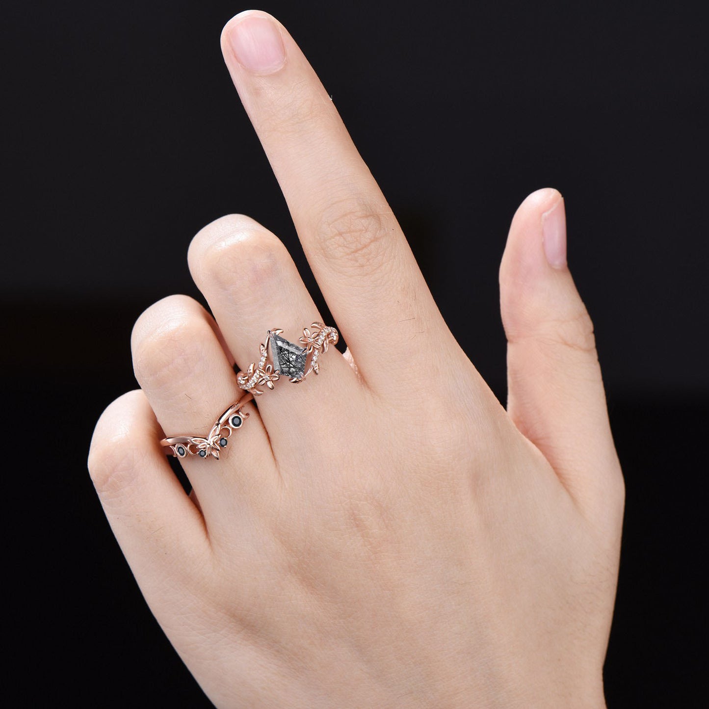 Natural Black Rutilated Quartz Ring Set Floral Kite Engagement Ring Nature Inspired Leaf Black Spinel Moissanite Bridal Set Anniversary Gift