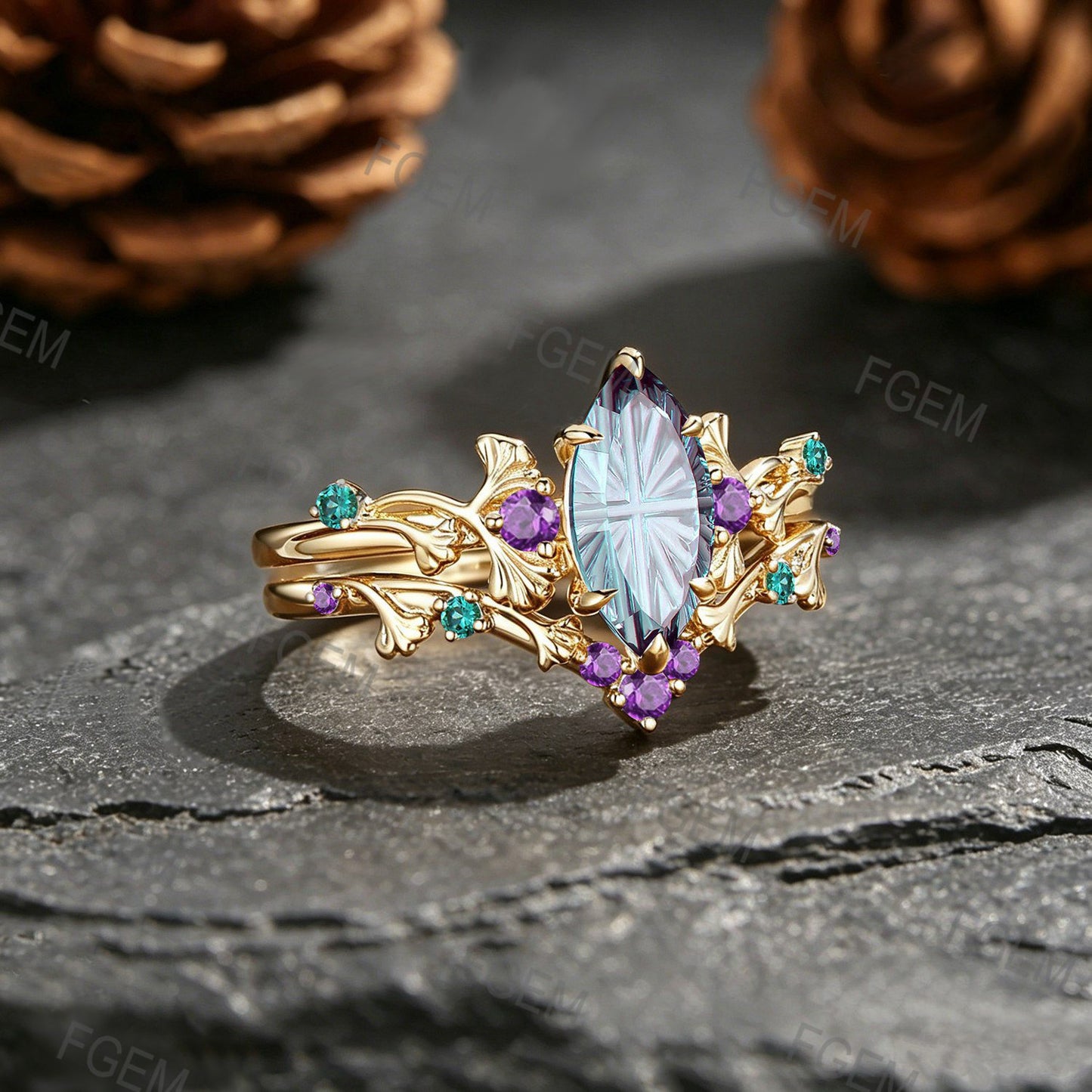 1CT Fantasy Cut Color-Change Alexandrite Engagement Ring 18K Yellow Gold Marquise Cut Alexandrite Ginkgo Leaf Wedding Ring Set
