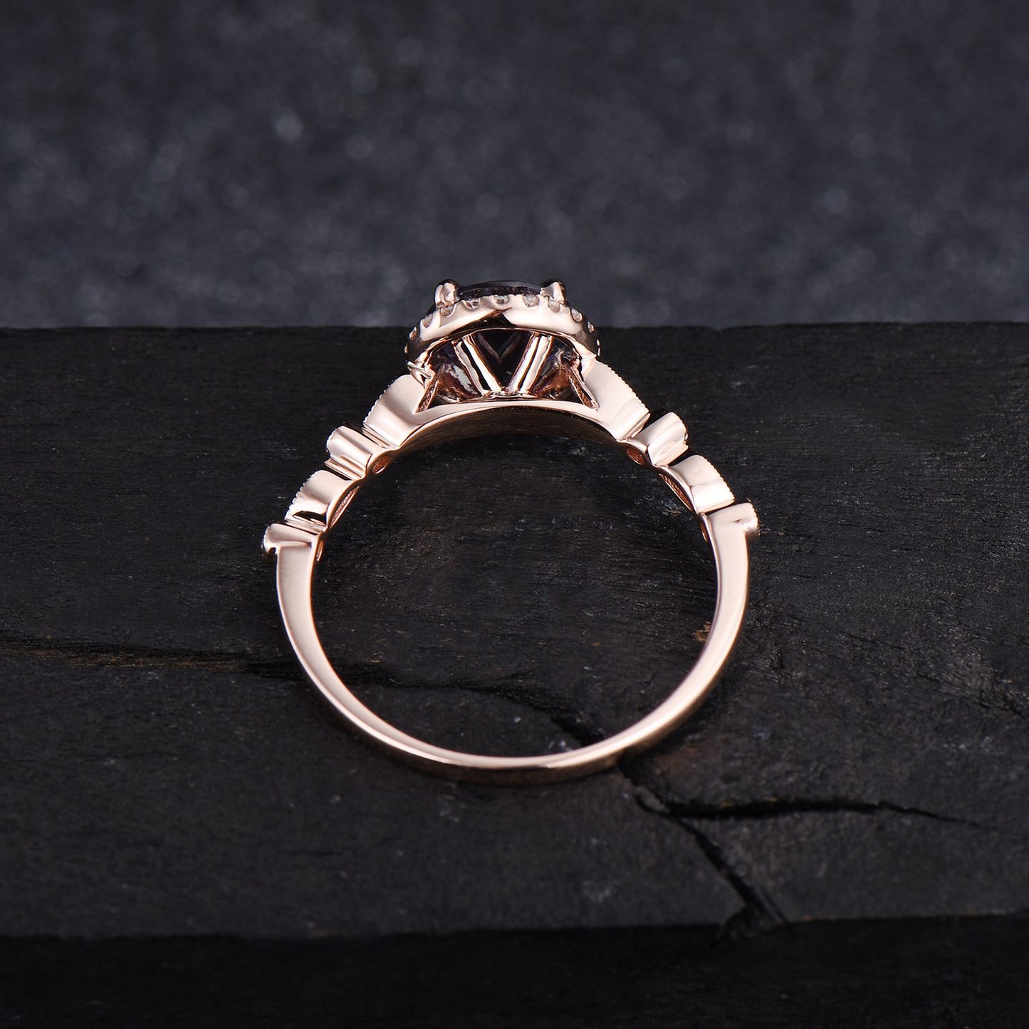 Round Alexandrite Engagement Ring Vintage Halo Wedding Ring 14K Rose Gold Half Eternity Moissanite Band Unique June Birthstone Birthday Gift