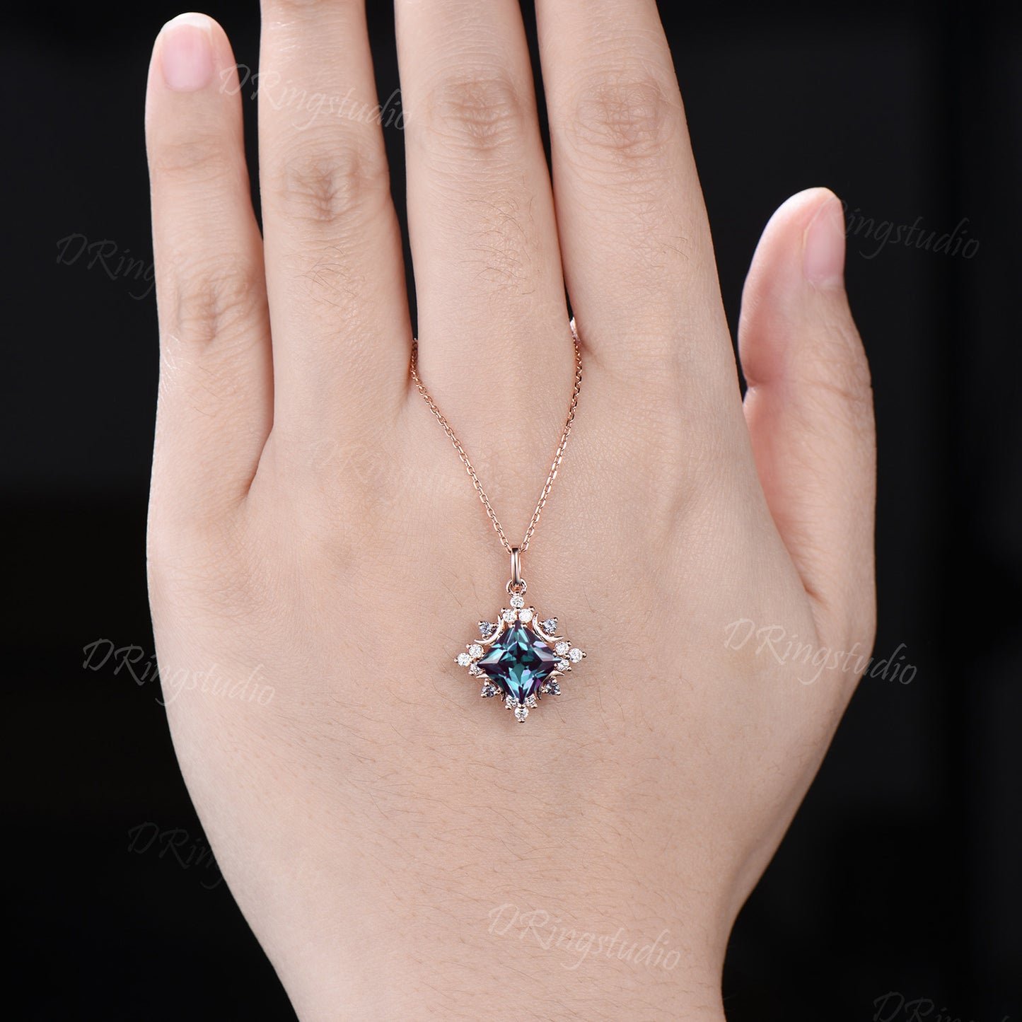 Unique Princess Cut Alexandrite Necklace Rose Gold Celestial Moon Charm Necklace Halo Moissanite Diamond Pendant Anniversary Gift for Women