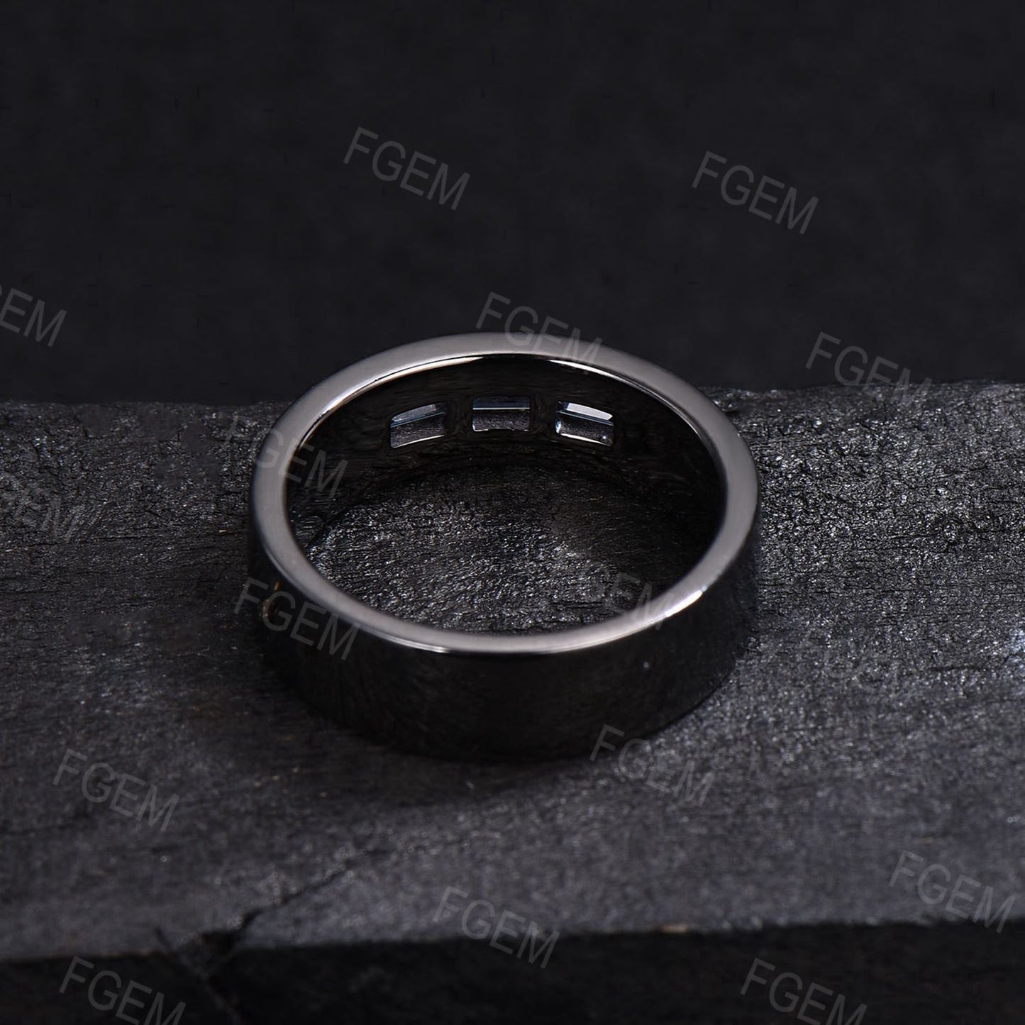 Mens Baguette Natural Moss Agate Wedding Ring Channel Set Band 6mm Black Gold Green Moss Matching Band Stacking Band Proposal Gifts for Men