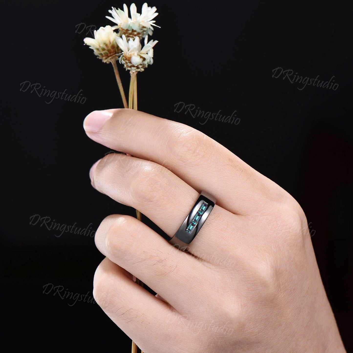 4mm/5mm/6mm Mens Baguette Alexandrite Wedding Band Rose/Black Gold Color-Change Alexandrite Brushed Band Matching Band Retro Vintage Rings