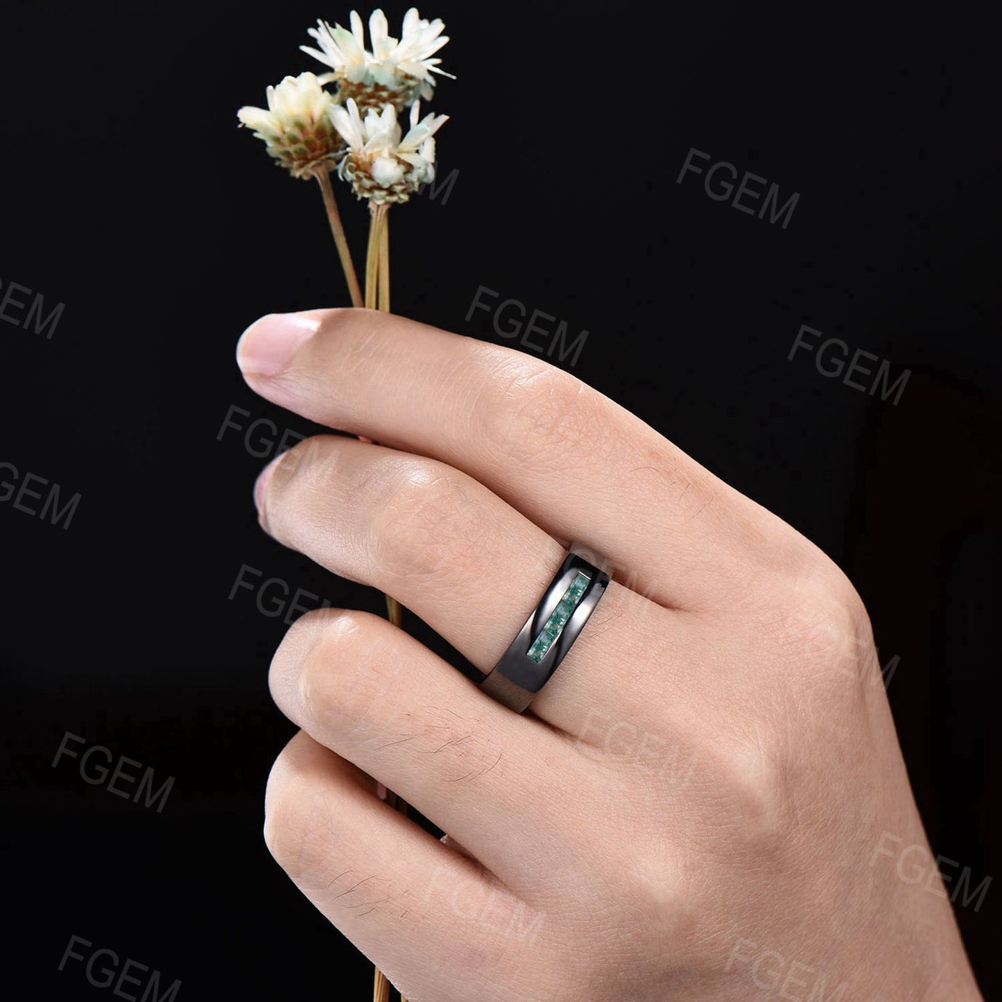 Mens Baguette Natural Moss Agate Wedding Ring Channel Set Band 6mm Black Gold Green Moss Matching Band Stacking Band Proposal Gifts for Men