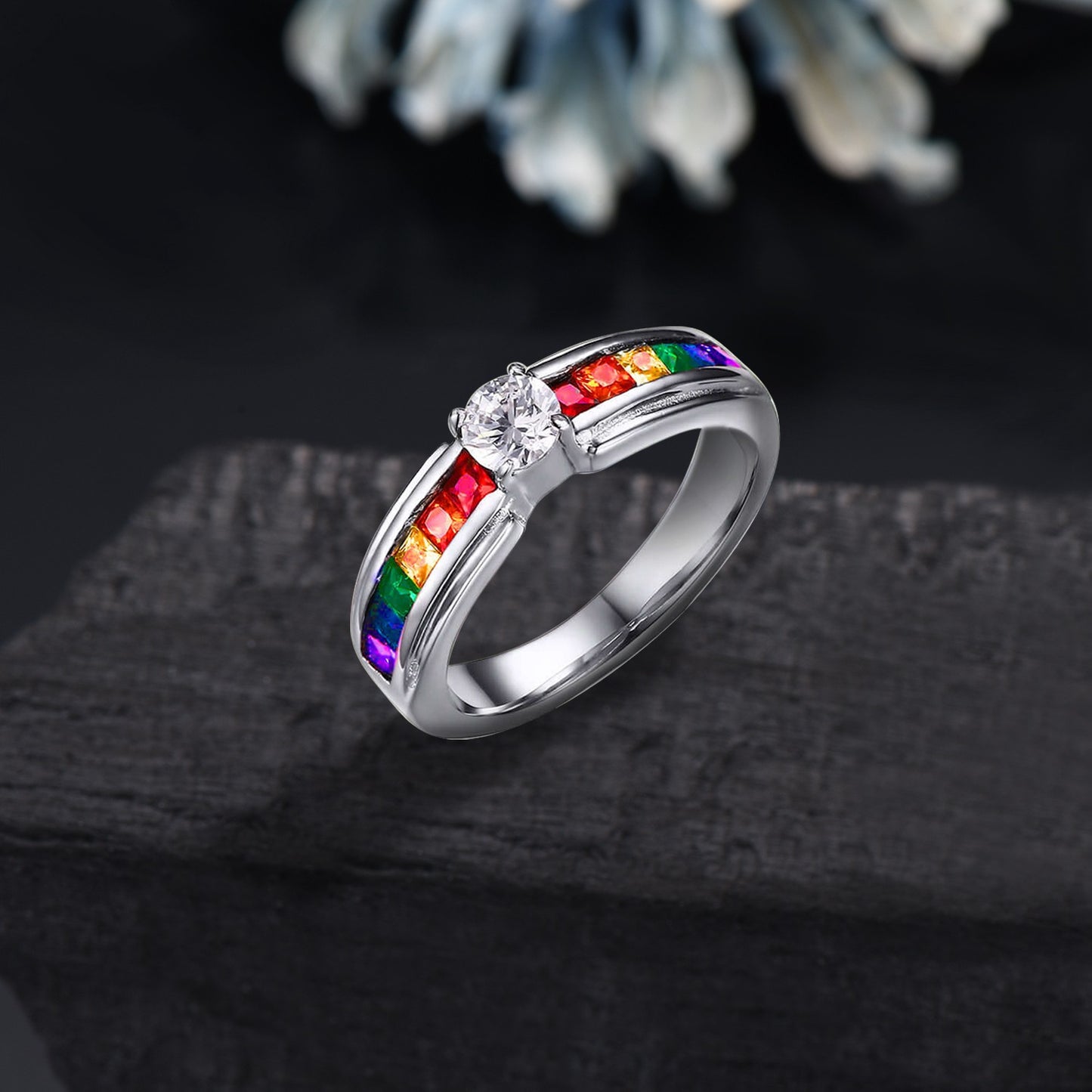 14K White Gold Genuine Multi-Gemstone Rainbow Anniversary Promise Band LGBT Engagement Ring Best Friend Gift Colors Of My Pride Gay Pride Ring