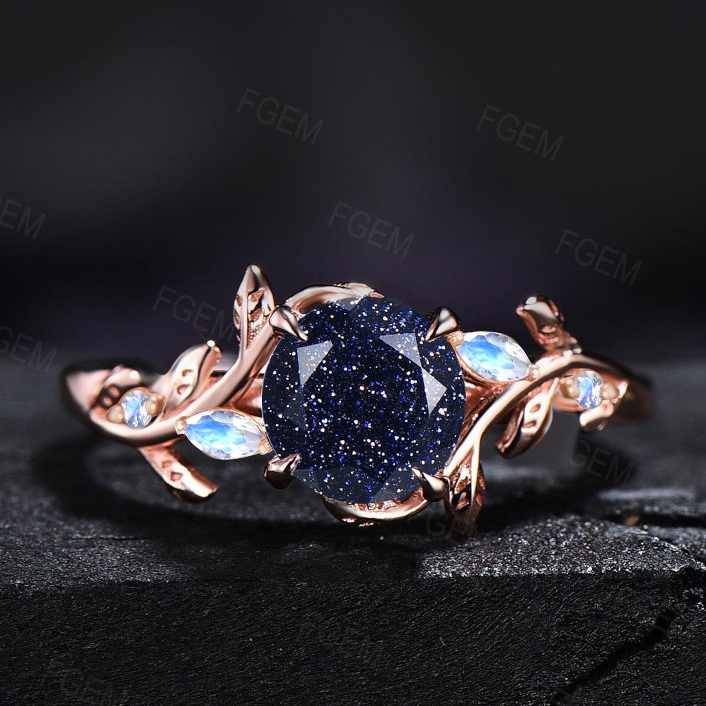 Nature Inspired Galaxy Blue Sandstone Leaf Engagement Ring Round Blue Goldstone Cluster Natural Black Spinel Promise Ring Anniversary Gifts