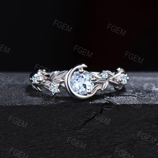 5mm Round Natural Light Blue Aquamarine Engagement Ring Moon Star Wedding Ring White Gold Nature Inspired Leaf Vine Blue Aquamarine Ring Promise Gift