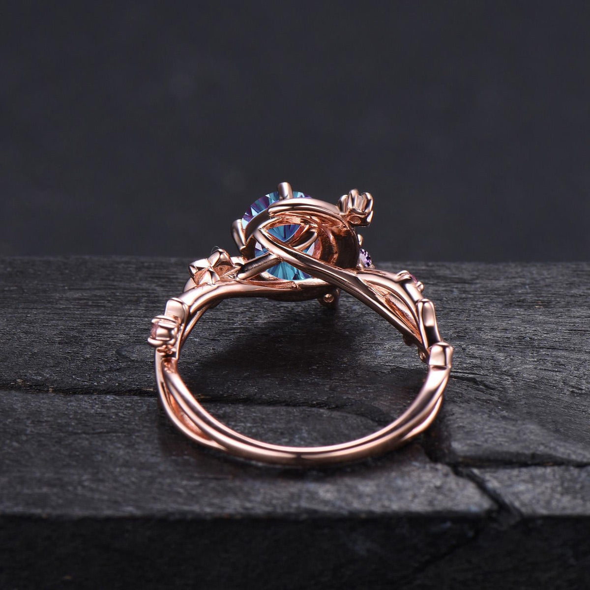 Fireworks Cut Color-Change Alexandrite Round Engagement Ring 14K Rose Gold Crescent Moon Star Ring Cluster Amethyst Moissanite Bridal Ring