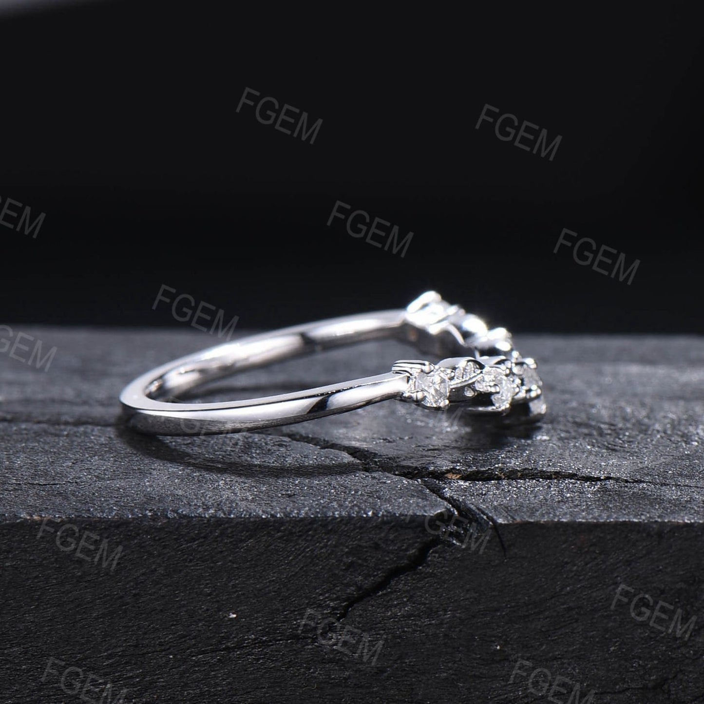 Nature Inspired Wedding Band Contour Curved Band 10K White Gold Moissanite Diamond Nesting Band Unique Vintage Stacking Matching Ring Bridal Gift