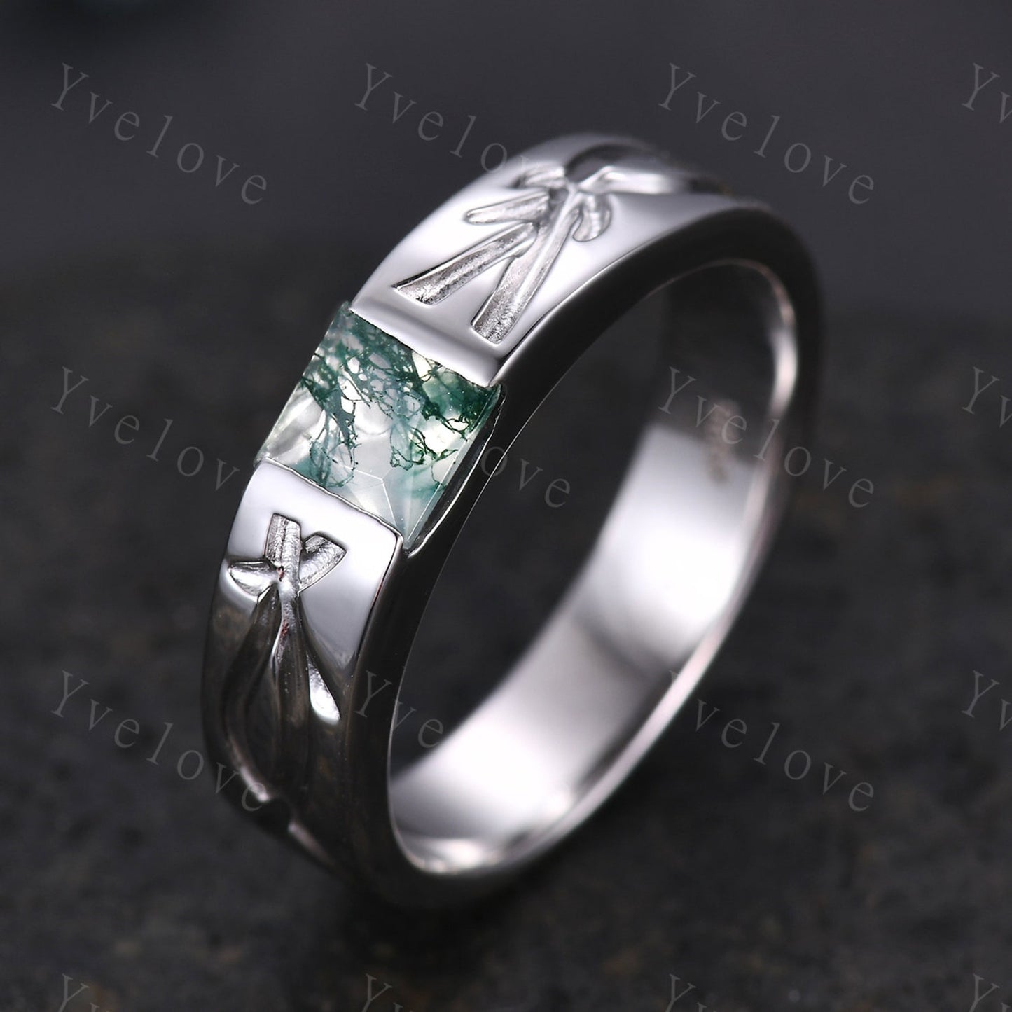 Sterling Silver Moss Agate & Twig Couples Rings Set- His & Hers Wedding Bands