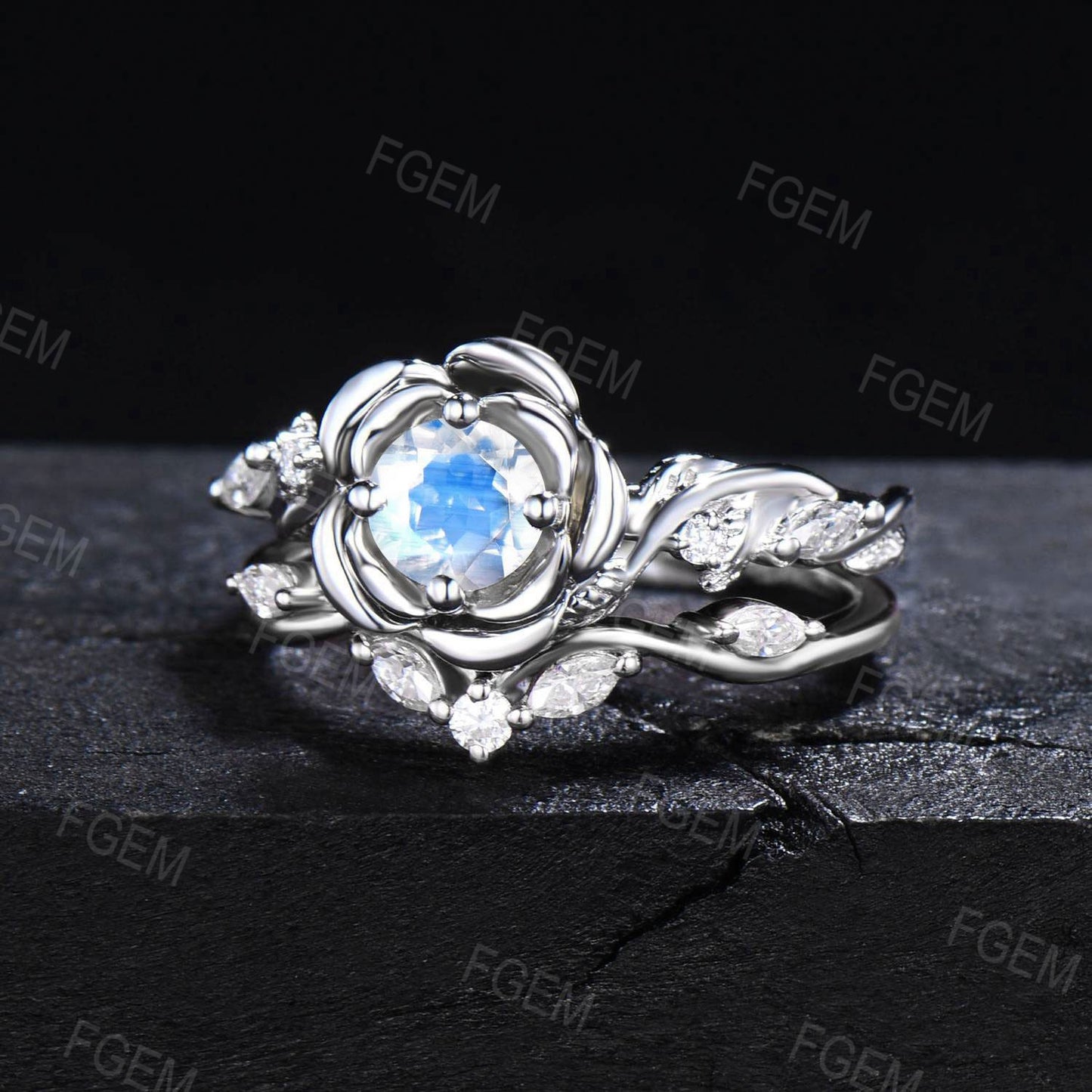 White Gold Engagement Ring 5mm Round Natural Rainbow Moonstone Bridal Set Nature Inspired Twig Moissanite Ring Rose Flower Ring Propose Gift