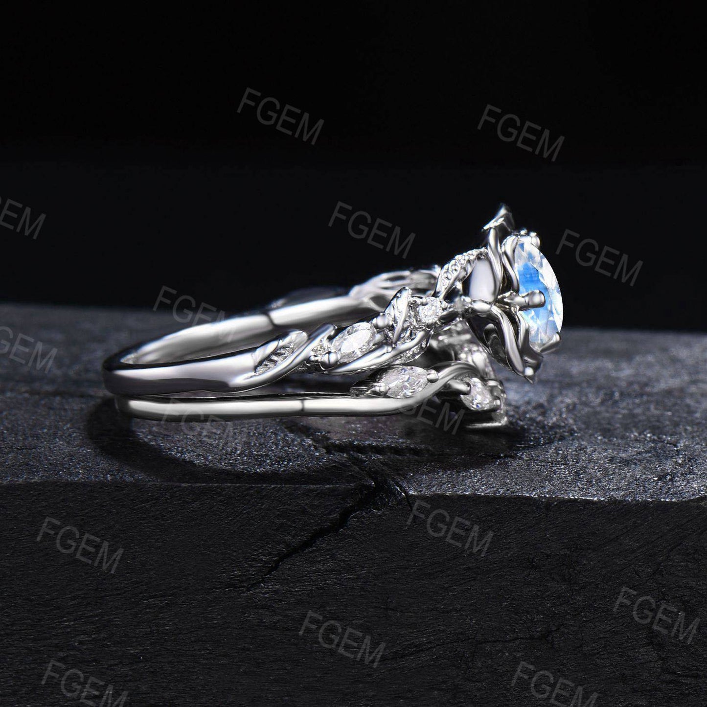 White Gold Engagement Ring 5mm Round Natural Rainbow Moonstone Bridal Set Nature Inspired Twig Moissanite Ring Rose Flower Ring Propose Gift