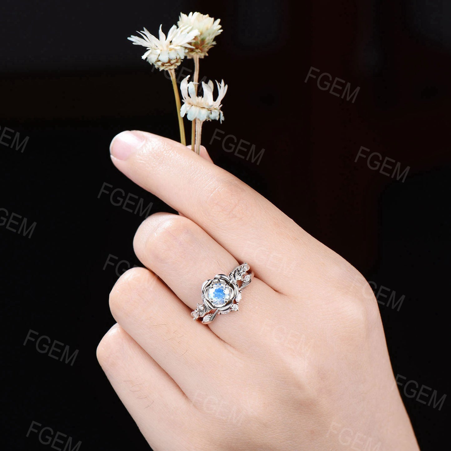 White Gold Engagement Ring 5mm Round Natural Rainbow Moonstone Bridal Set Nature Inspired Twig Moissanite Ring Rose Flower Ring Propose Gift