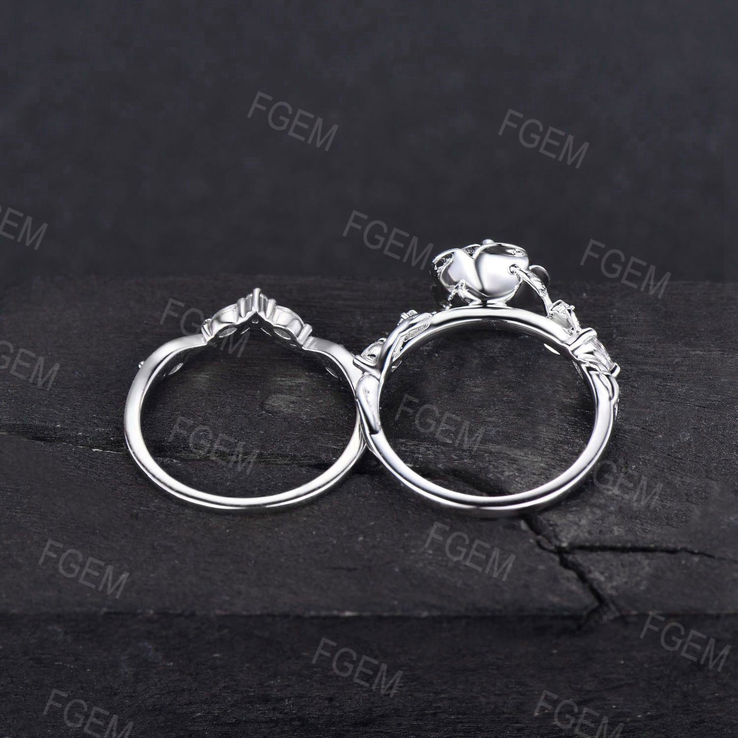 White Gold Engagement Ring 5mm Round Natural Rainbow Moonstone Bridal Set Nature Inspired Twig Moissanite Ring Rose Flower Ring Propose Gift