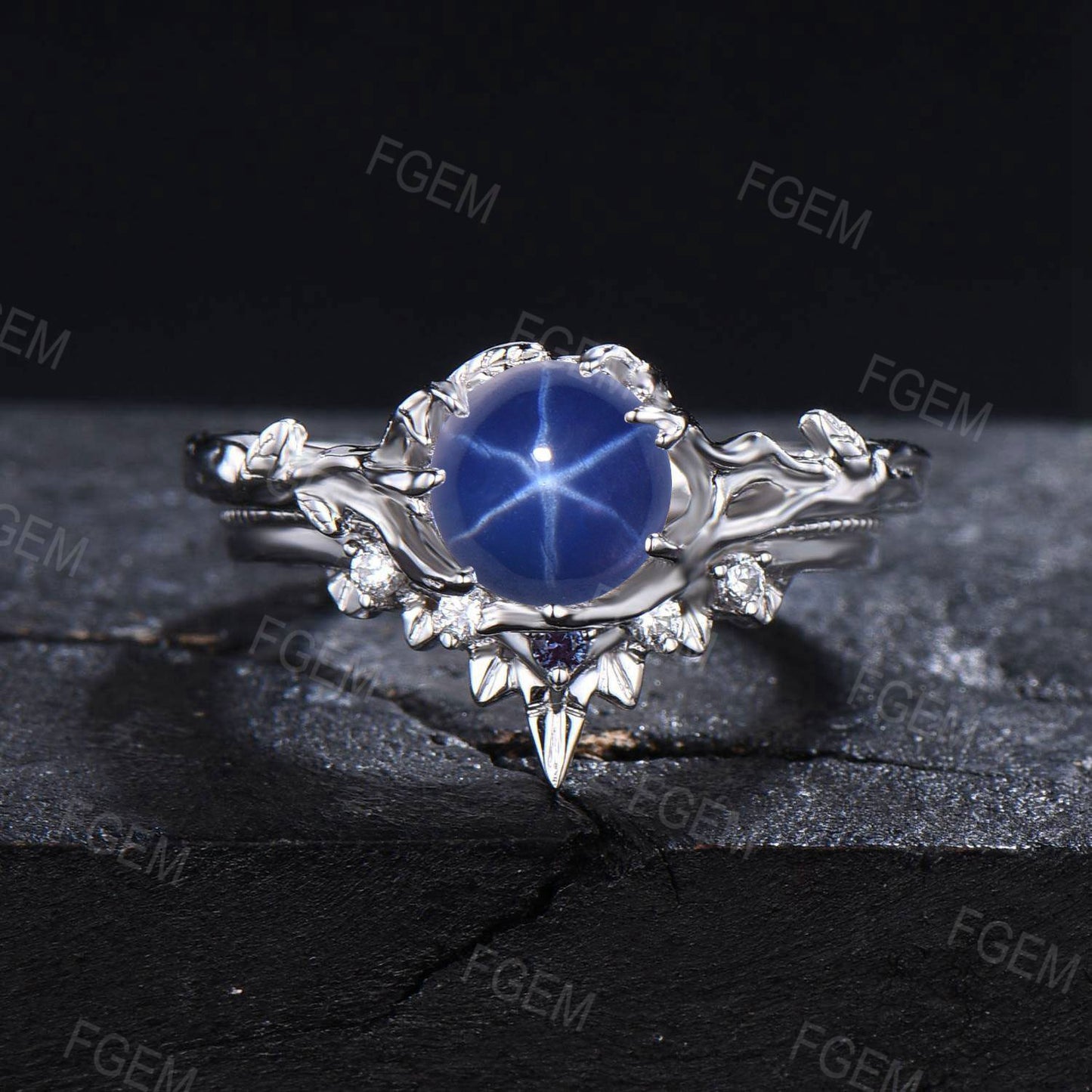 6.5mm Round Blue Star Sapphire Engagement Ring Set Branch Leaf Moissanite Milgrain Wedding Ring Blue Gemstone Solitaire Ring Gift for Women