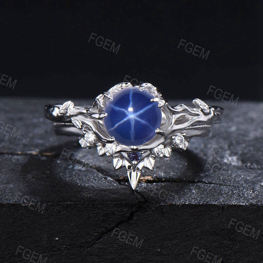 6.5mm Round Blue Star Sapphire Engagement Ring Set Branch Leaf Moissanite Milgrain Wedding Ring Blue Gemstone Solitaire Ring Gift for Women