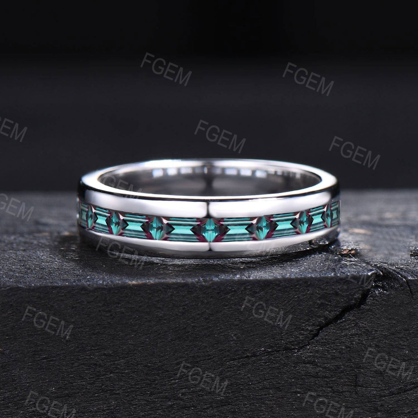 5mm Mens Baguette Alexandrite Wedding Ring 14K Rose Gold Color-Change Alexandrite Promise Band Pave Set Half Eternity Band Men