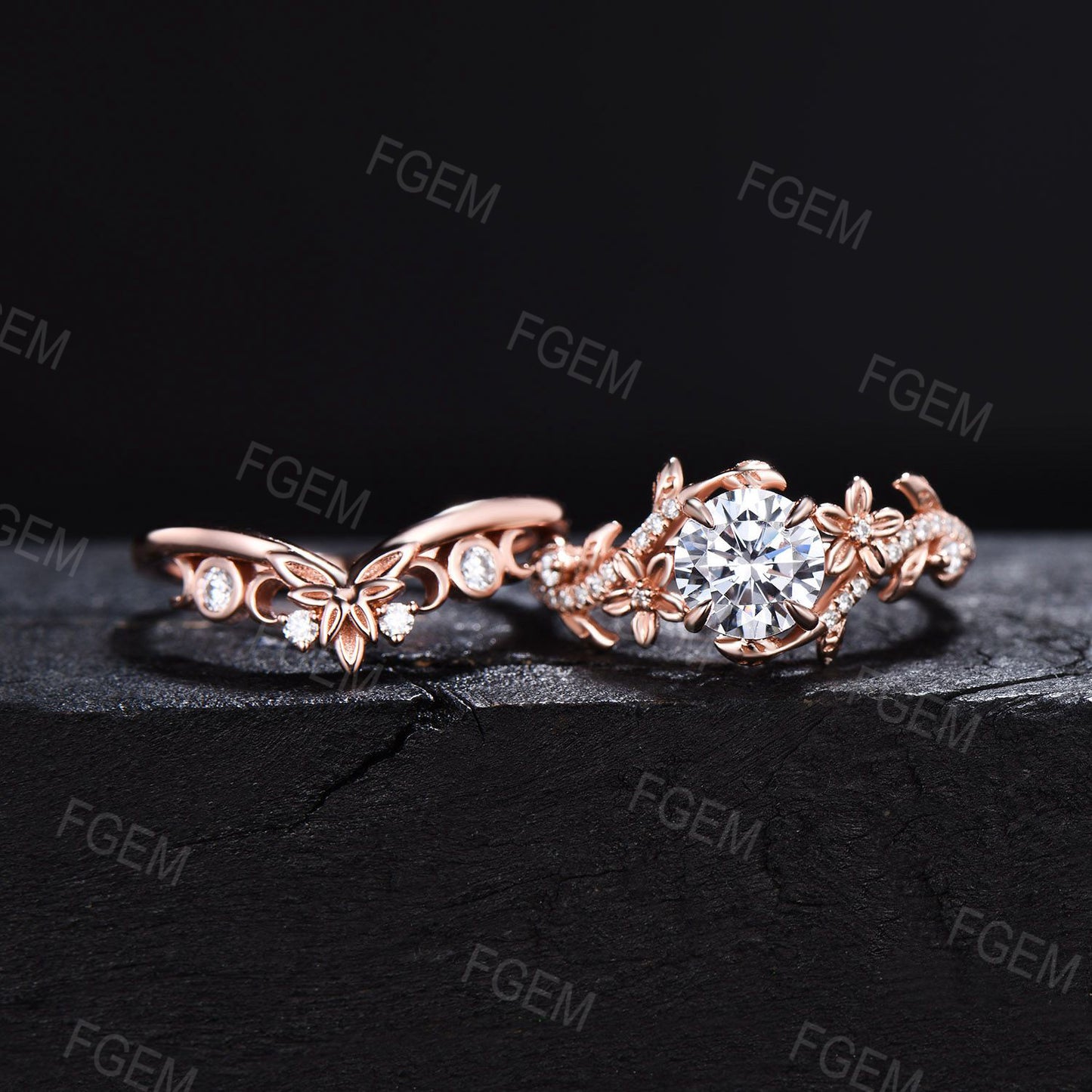 Nature Inspired Round Moissanite Engagement Ring Set Diamond Ring Set Branch Vine Rose Flower Moissanite Proposal Gifts Rose Gold Bridal Set