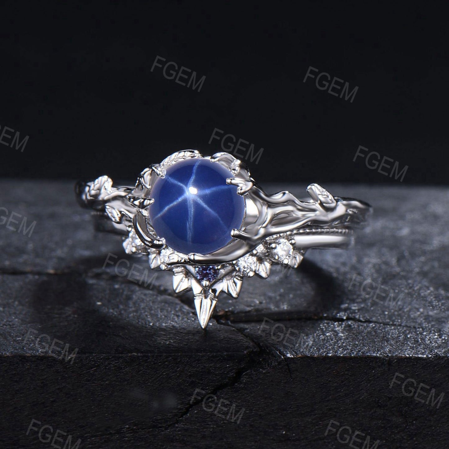 6.5mm Round Blue Star Sapphire Engagement Ring Set Branch Leaf Moissanite Milgrain Wedding Ring Blue Gemstone Solitaire Ring Gift for Women