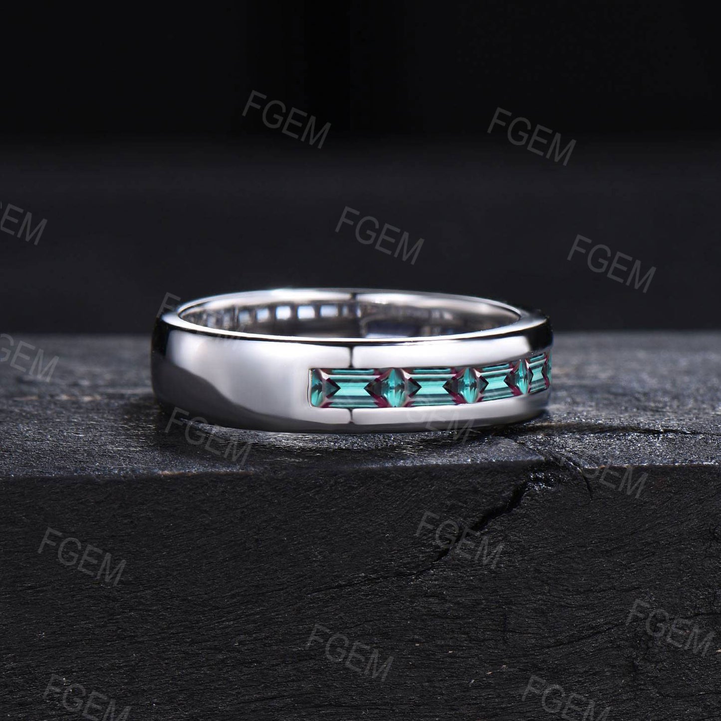 5mm Mens Baguette Alexandrite Wedding Ring 14K Rose Gold Color-Change Alexandrite Promise Band Pave Set Half Eternity Band Men