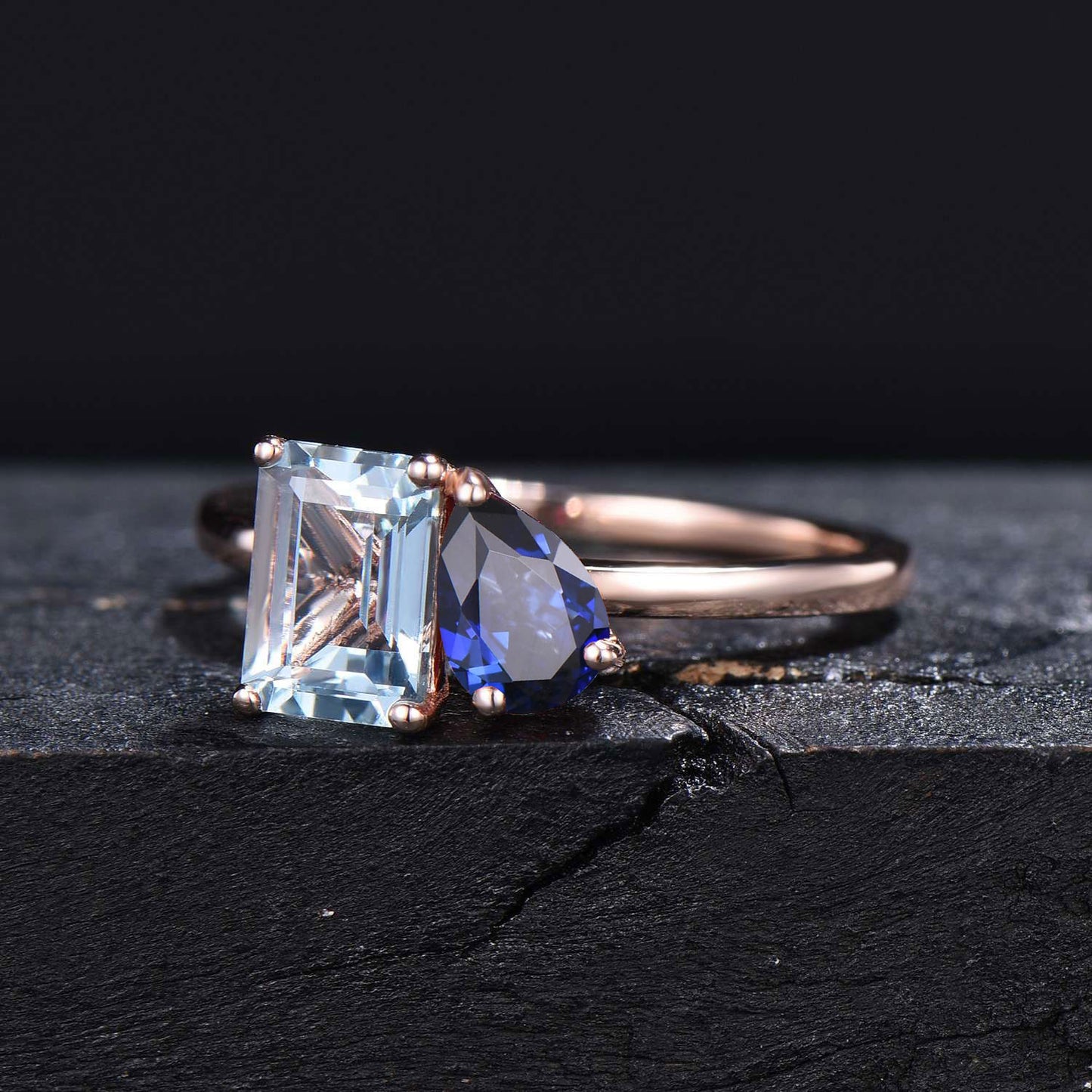 Toi Et Moi Ring,Pear & Emerald Cut Natural Aquamarine Blue Sapphire Ring,Two Stone Engagement Ring,14k Gold Aquamarine Wedding Promise Ring