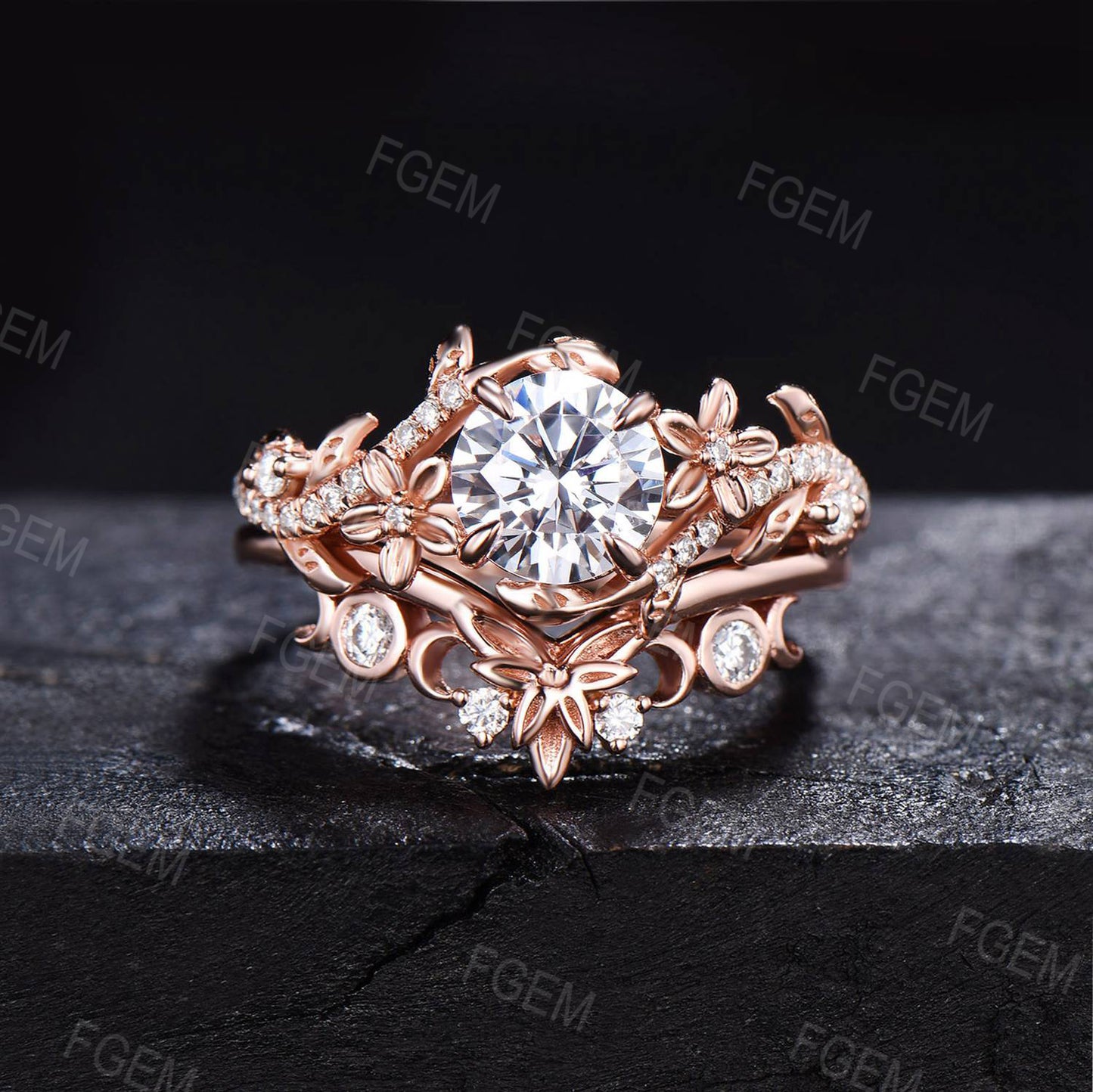 Nature Inspired Round Moissanite Engagement Ring Set Diamond Ring Set Branch Vine Rose Flower Moissanite Proposal Gifts Rose Gold Bridal Set