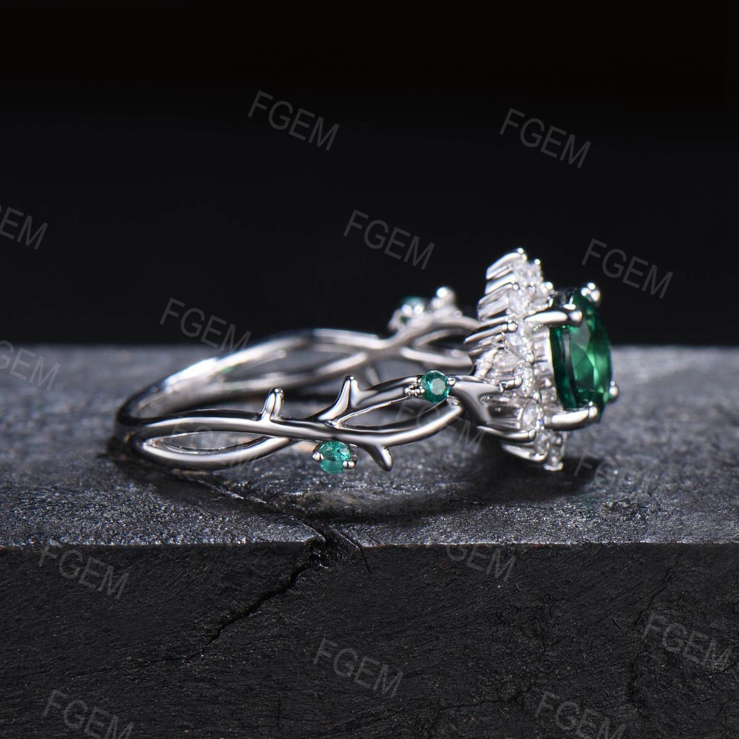 Sunflower Emerald Engagement Ring Round Green Emerald Twig Wedding Ring 10K White Gold Nature Inspired Leaf Floral Emerald Ring Promise Gift