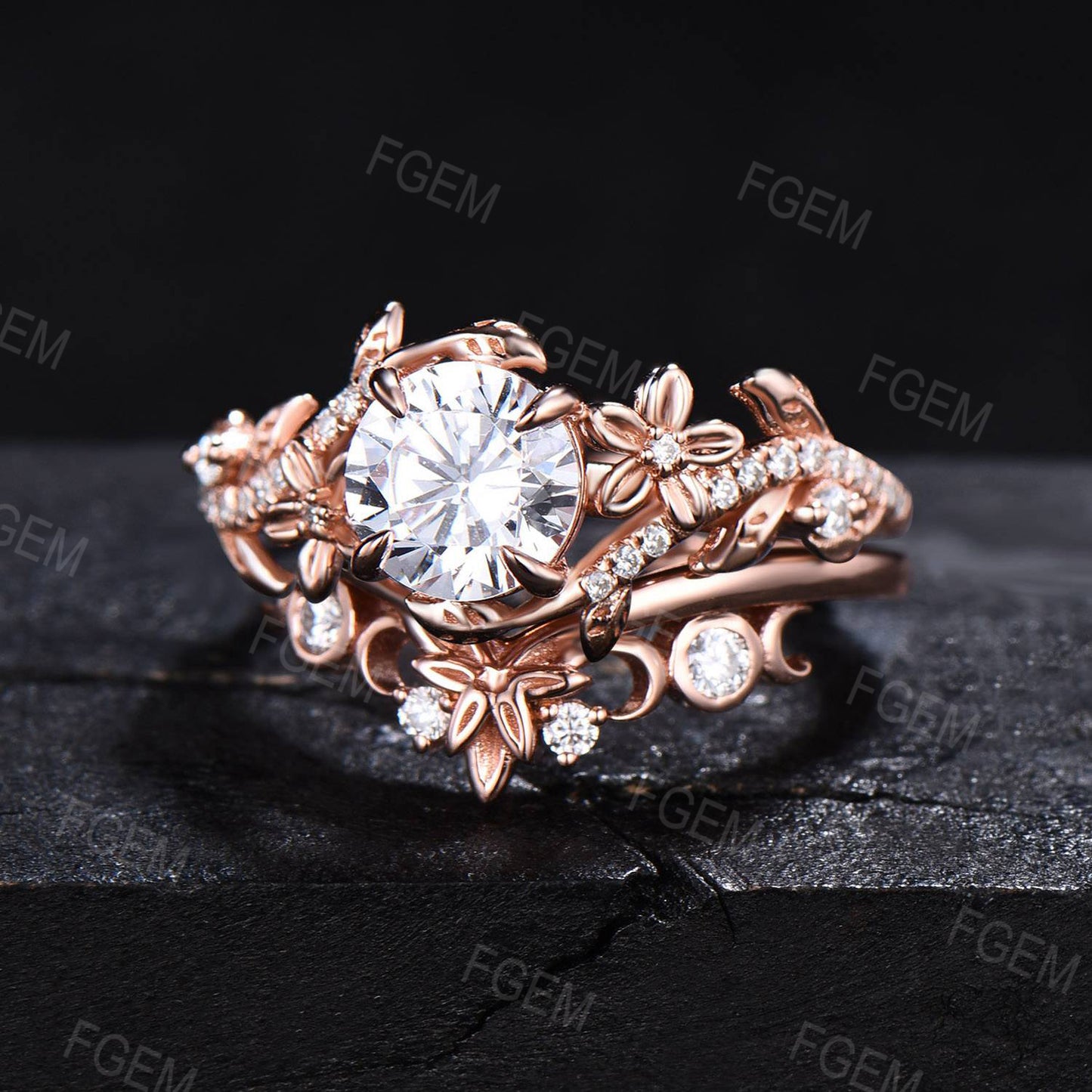 Nature Inspired Round Moissanite Engagement Ring Set Diamond Ring Set Branch Vine Rose Flower Moissanite Proposal Gifts Rose Gold Bridal Set