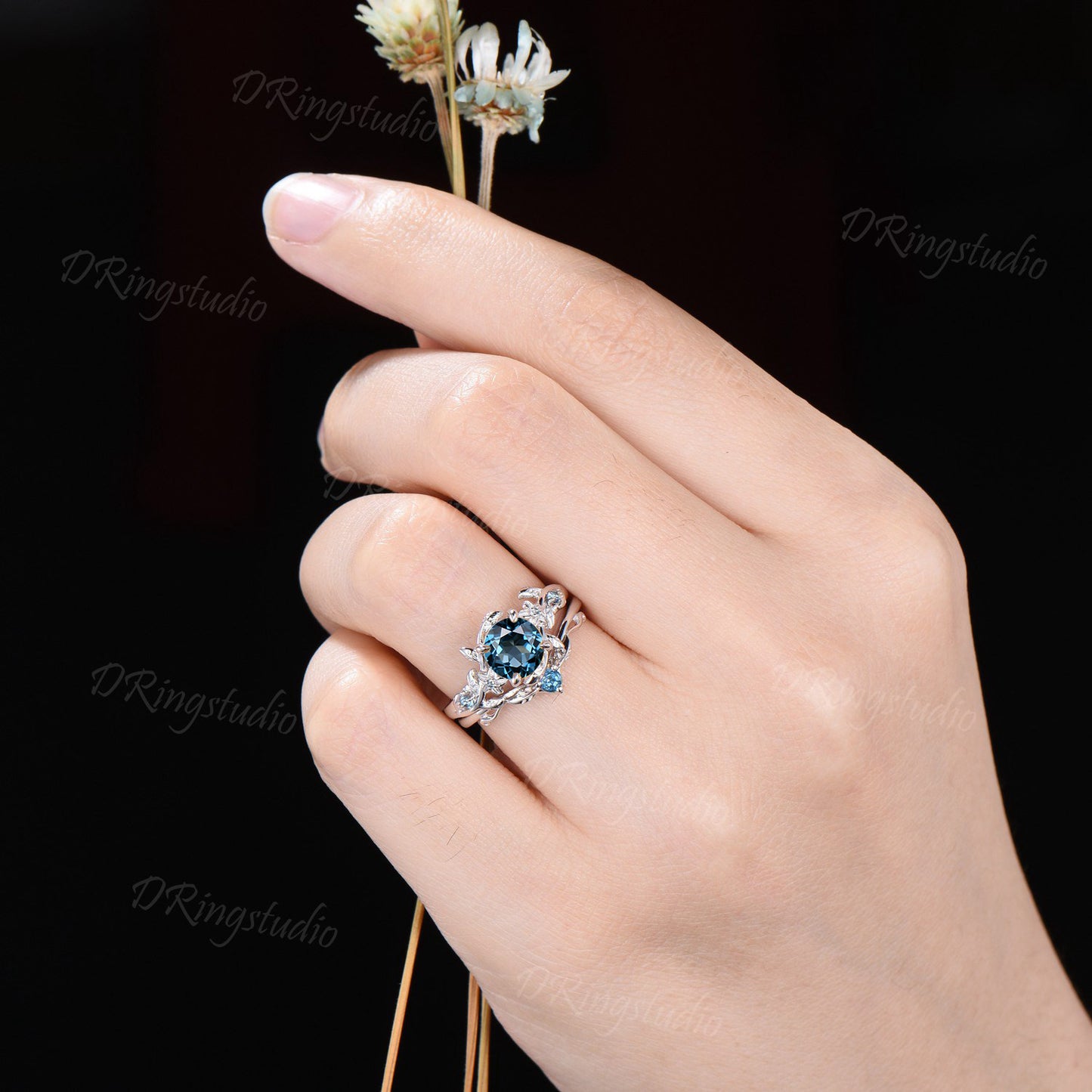 1ct Round Cut Nature Inspired Flower London Blue Topaz Wedding Ring Sterling Silver Topaz Bridal Ring Unique Anniversary/Promise Ring Gifts
