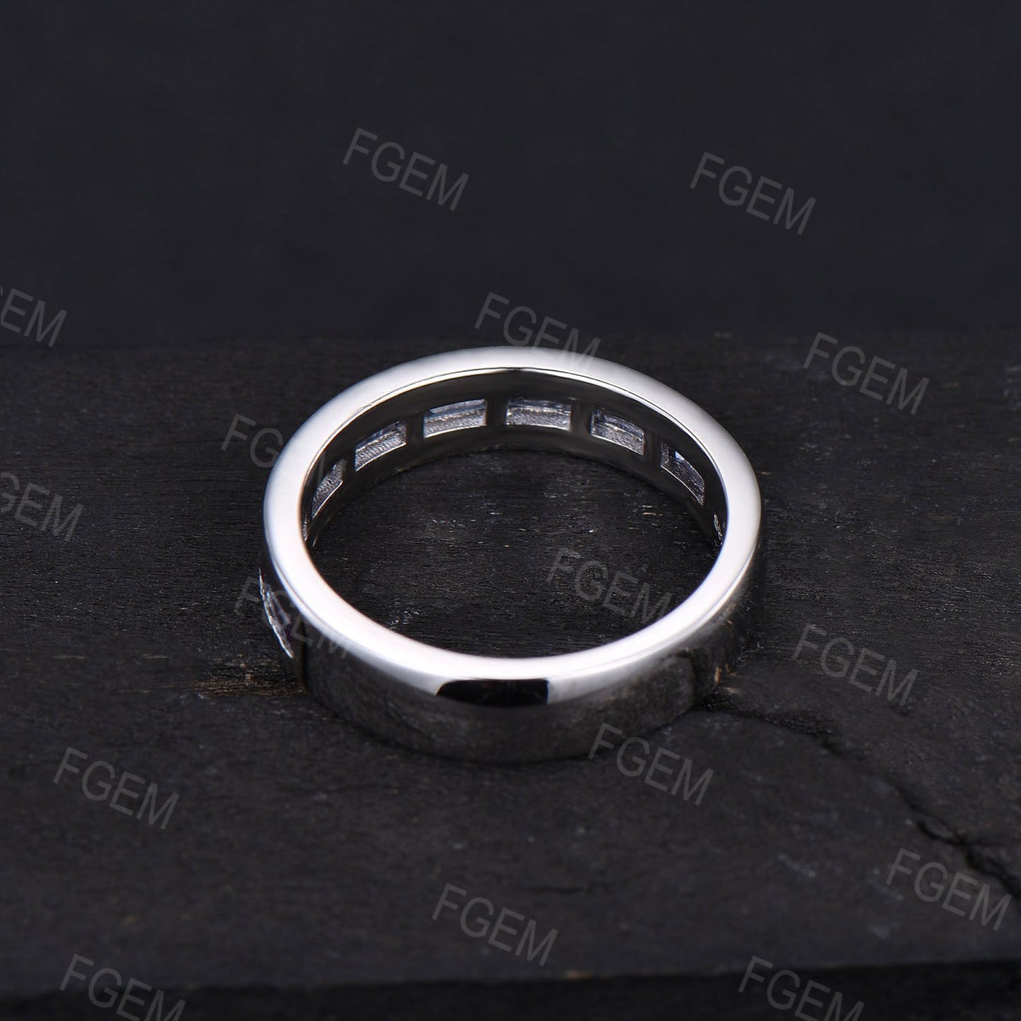 5mm Mens Baguette Alexandrite Wedding Ring 14K Rose Gold Color-Change Alexandrite Promise Band Pave Set Half Eternity Band Men