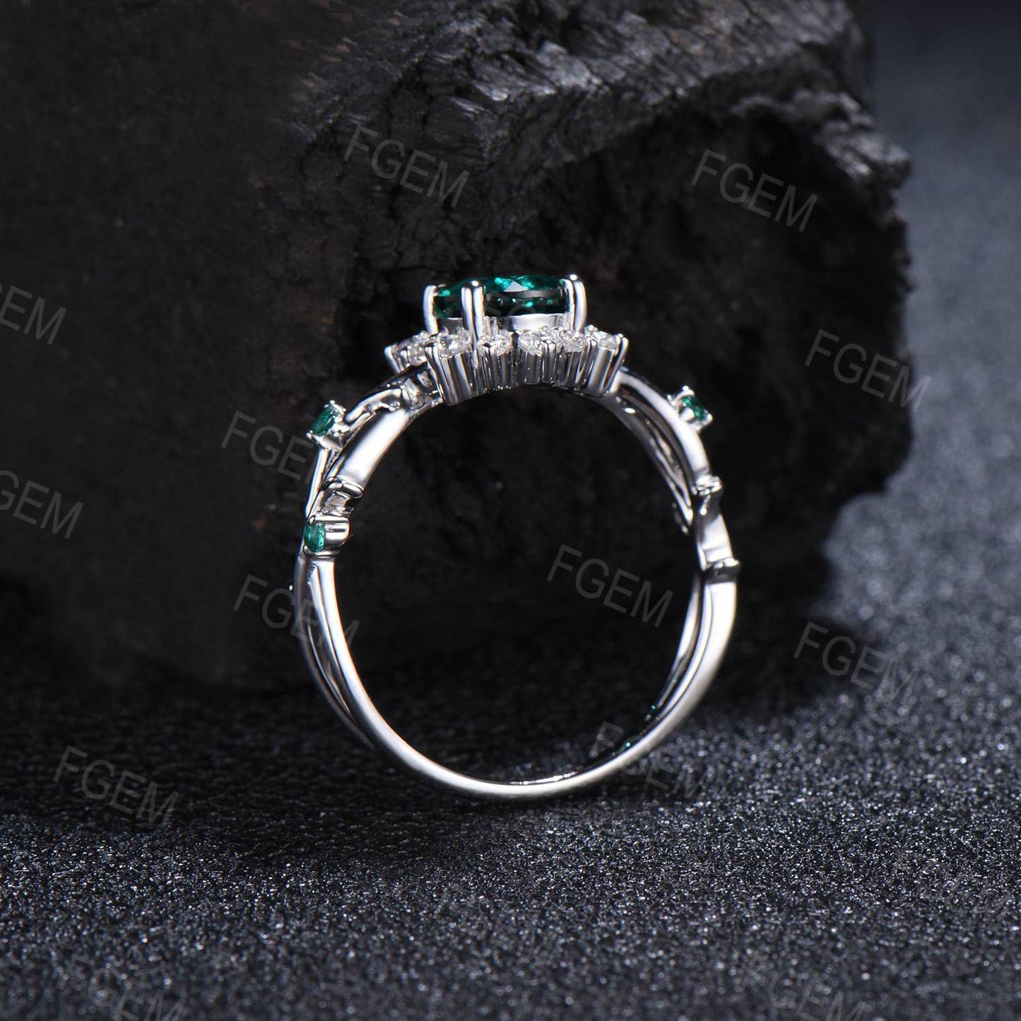 Sunflower Emerald Engagement Ring Round Green Emerald Twig Wedding Ring 10K White Gold Nature Inspired Leaf Floral Emerald Ring Promise Gift