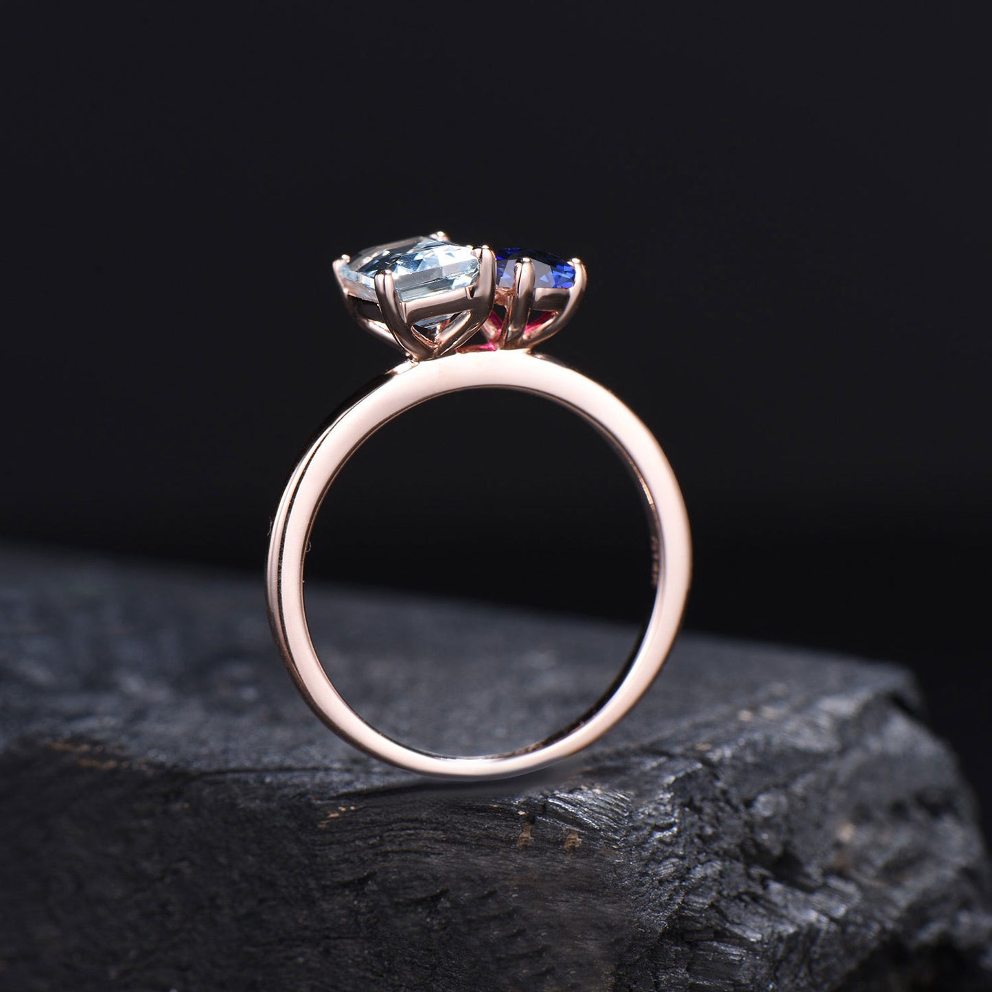 Toi Et Moi Ring,Pear & Emerald Cut Natural Aquamarine Blue Sapphire Ring,Two Stone Engagement Ring,14k Gold Aquamarine Wedding Promise Ring