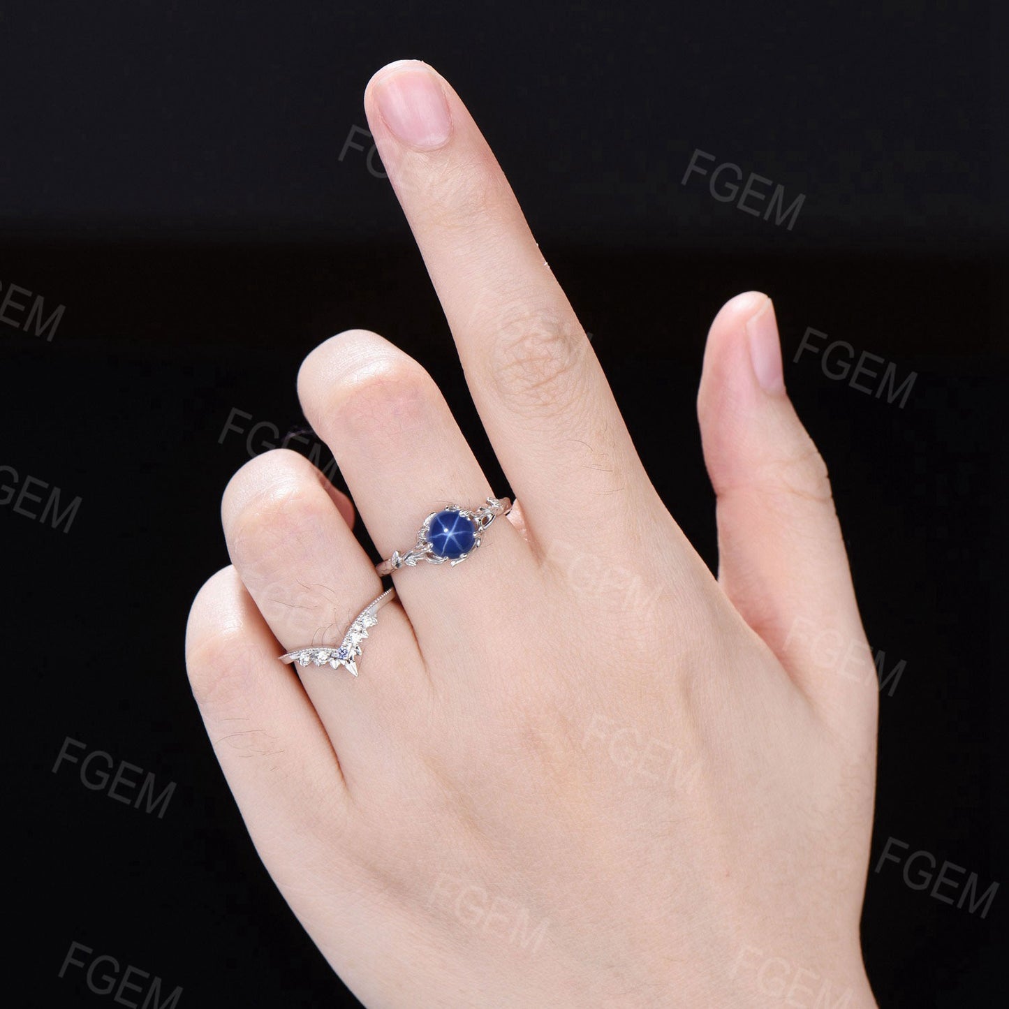 6.5mm Round Blue Star Sapphire Engagement Ring Set Branch Leaf Moissanite Milgrain Wedding Ring Blue Gemstone Solitaire Ring Gift for Women