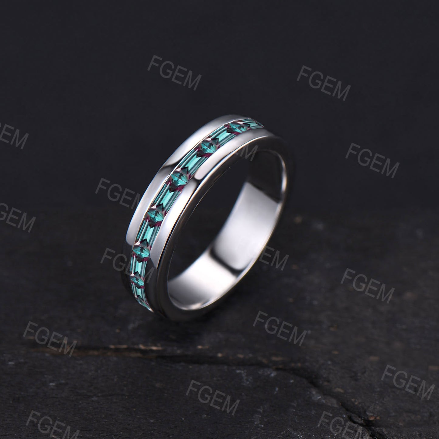 5mm Mens Baguette Alexandrite Wedding Ring 14K Rose Gold Color-Change Alexandrite Promise Band Pave Set Half Eternity Band Men
