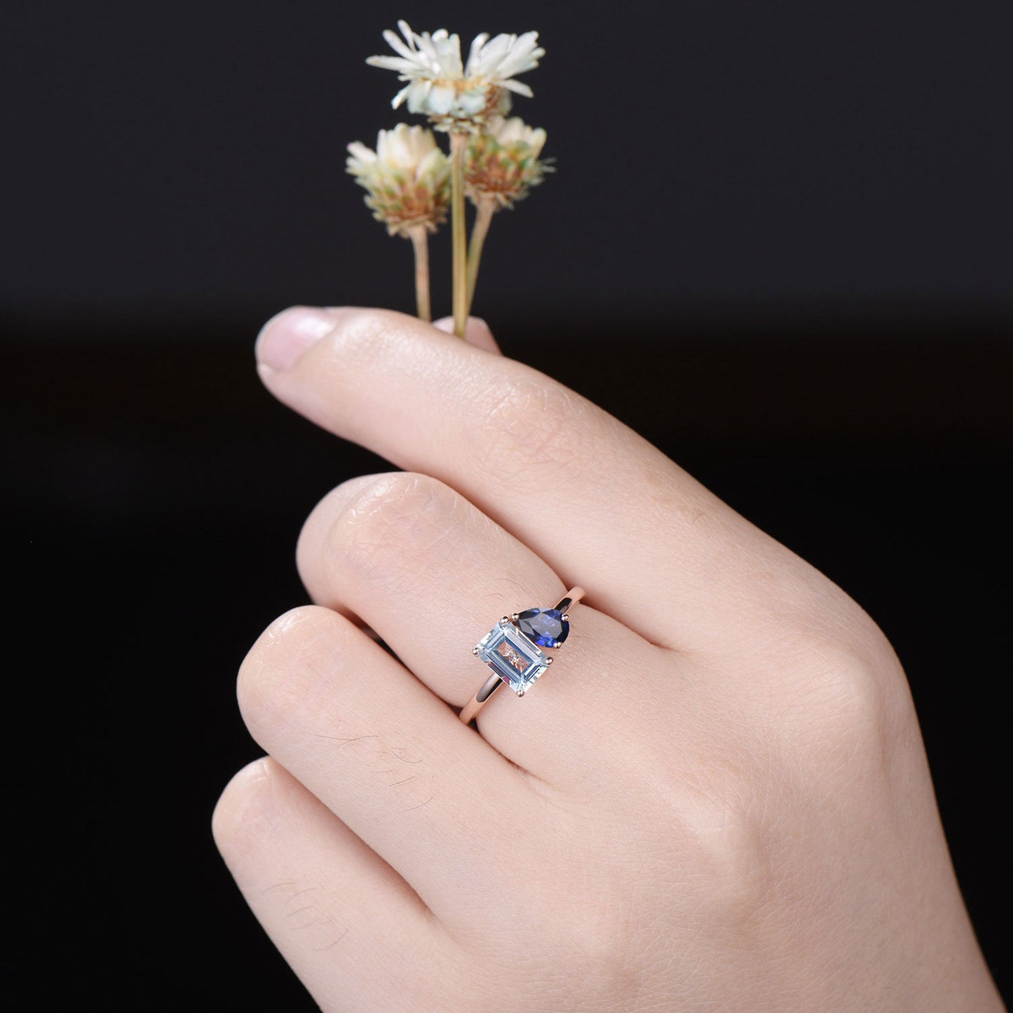 Toi Et Moi Ring,Pear & Emerald Cut Natural Aquamarine Blue Sapphire Ring,Two Stone Engagement Ring,14k Gold Aquamarine Wedding Promise Ring