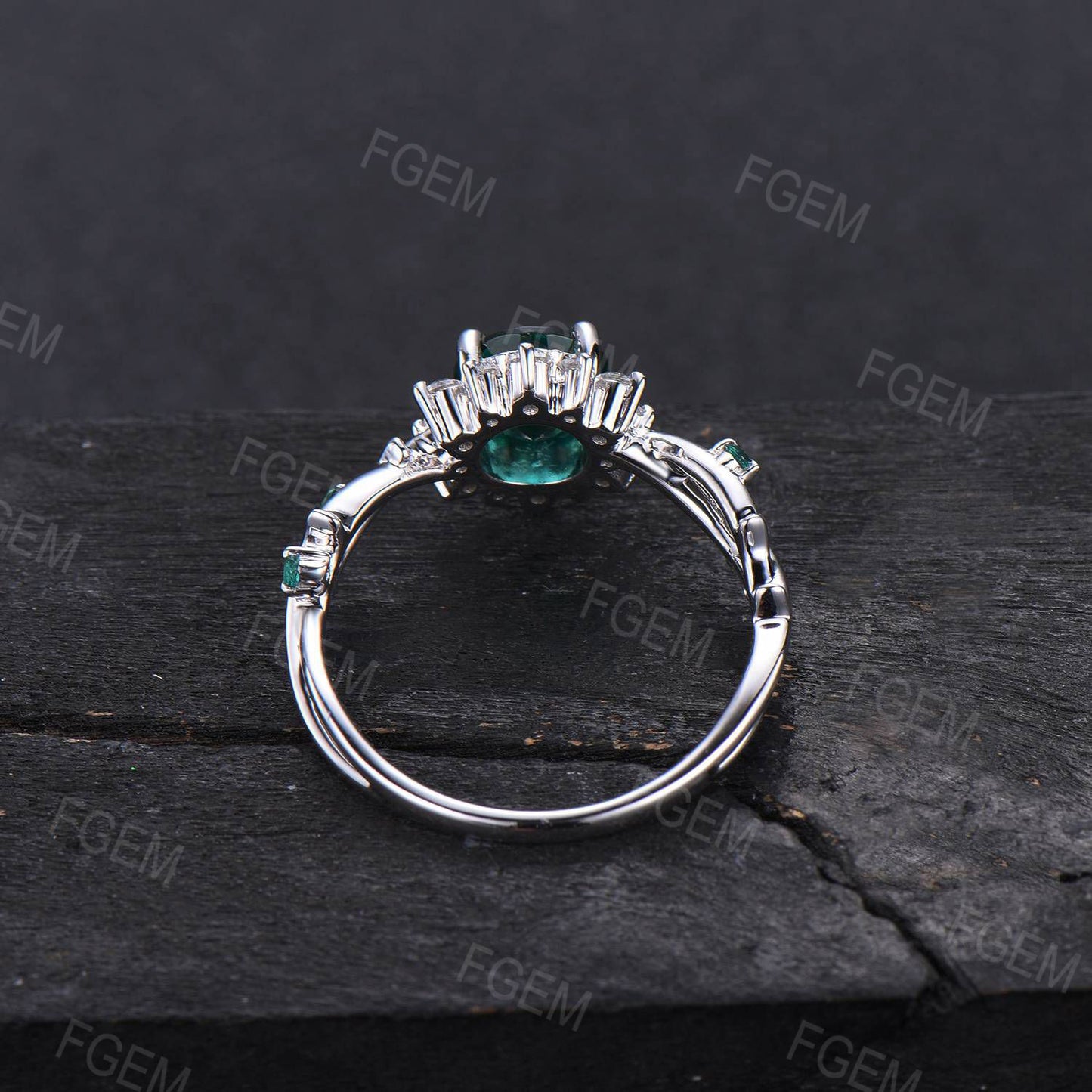 Sunflower Emerald Engagement Ring Round Green Emerald Twig Wedding Ring 10K White Gold Nature Inspired Leaf Floral Emerald Ring Promise Gift
