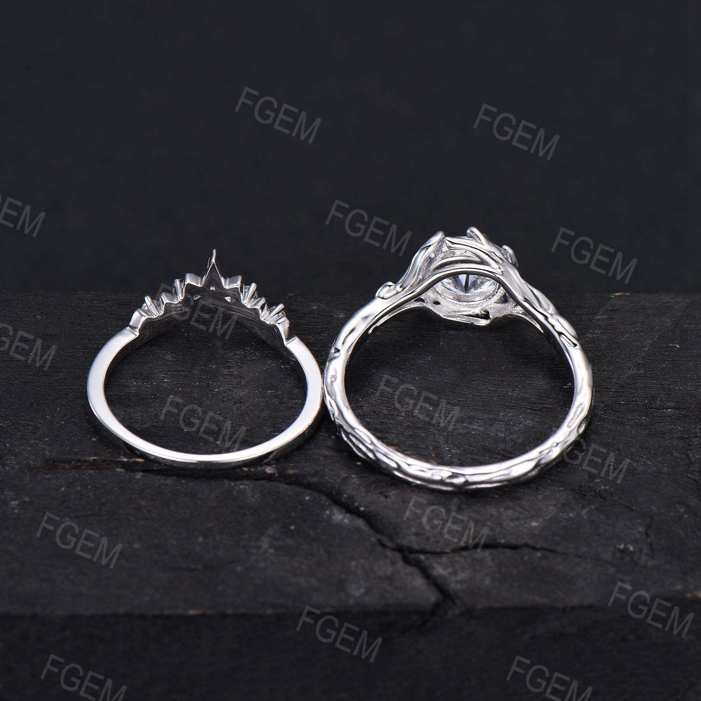6.5mm Round Blue Star Sapphire Engagement Ring Set Branch Leaf Moissanite Milgrain Wedding Ring Blue Gemstone Solitaire Ring Gift for Women