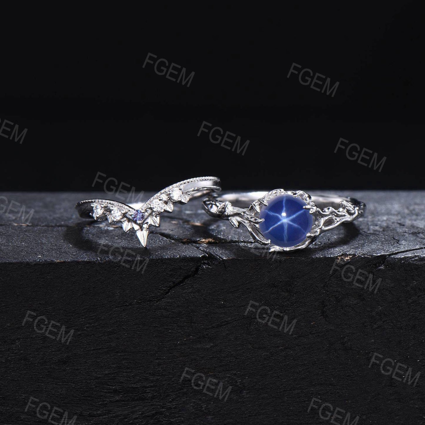 6.5mm Round Blue Star Sapphire Engagement Ring Set Branch Leaf Moissanite Milgrain Wedding Ring Blue Gemstone Solitaire Ring Gift for Women