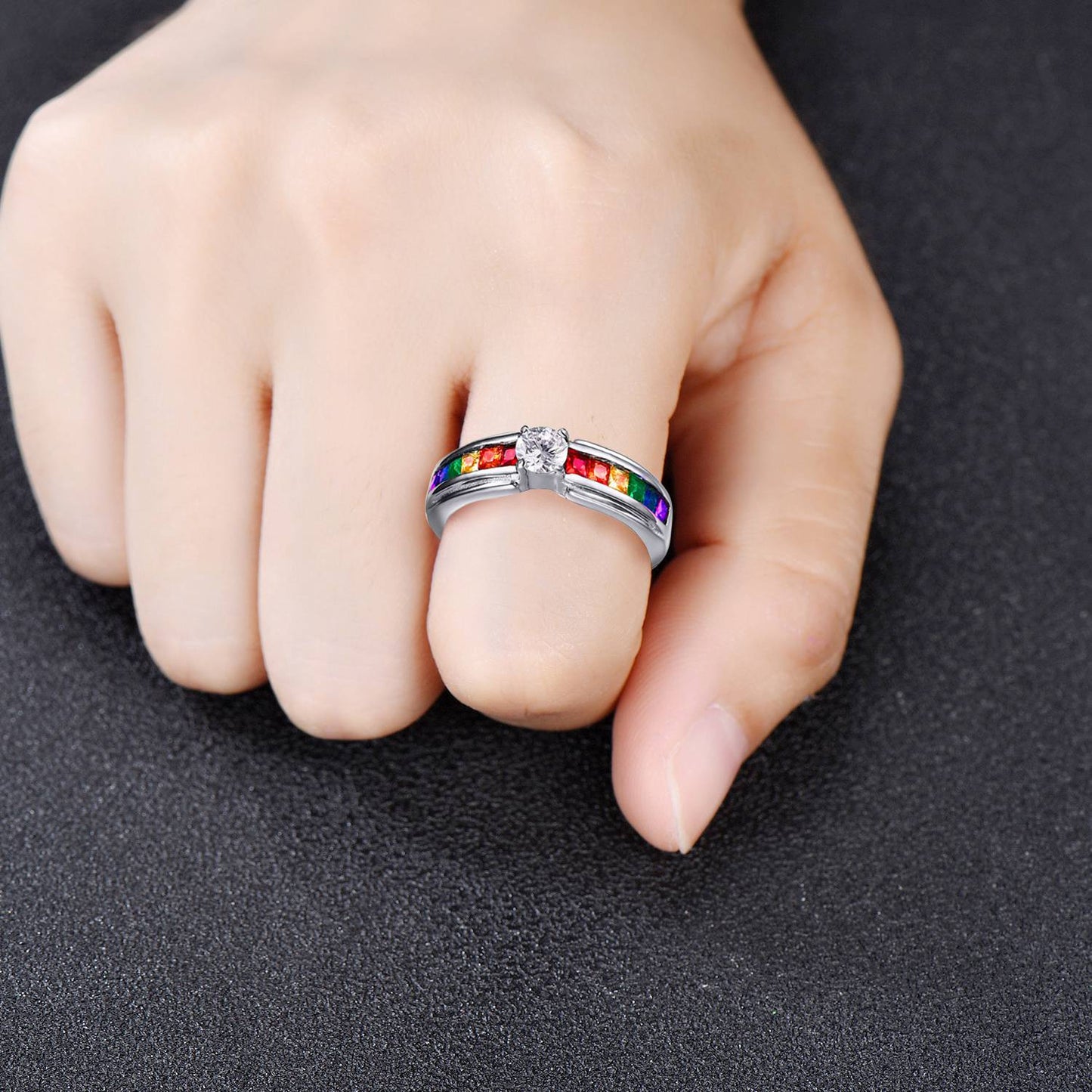14K White Gold Genuine Multi-Gemstone Rainbow Anniversary Promise Band LGBT Engagement Ring Best Friend Gift Colors Of My Pride Gay Pride Ring