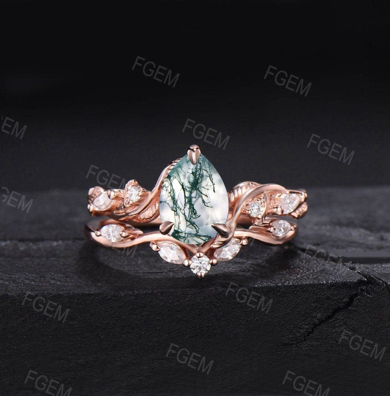 Pear Shape Natural Moss Agate Ring Set 10K Rose Gold Vintage Branch Twist Moissanite Ring Nature Inspired Moss Wedding Ring Anniversary Gift